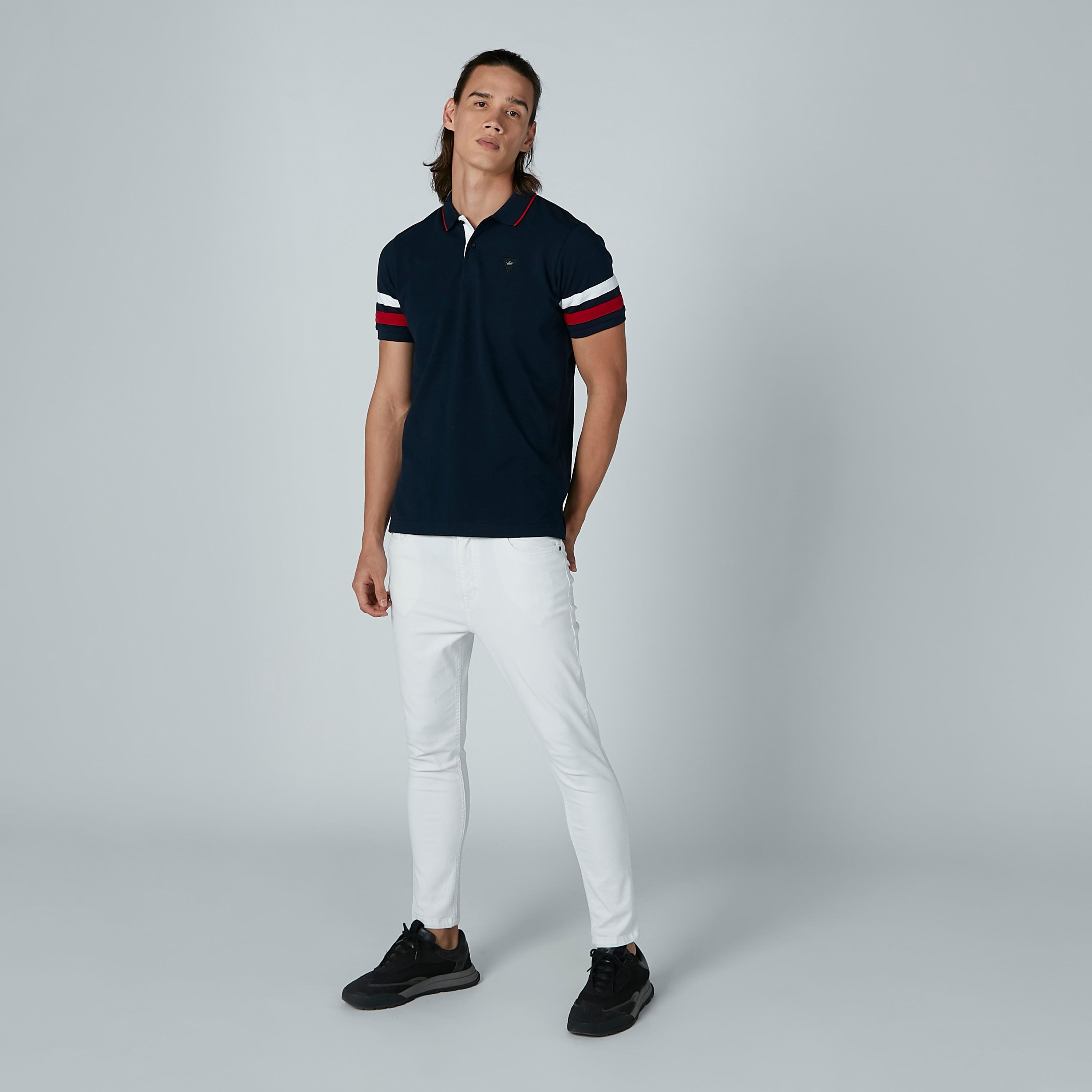 Plain T-Shirt with Polo Neck and Striped Sleeves-men-clothing-tshirtsandpolos-polos-image-2