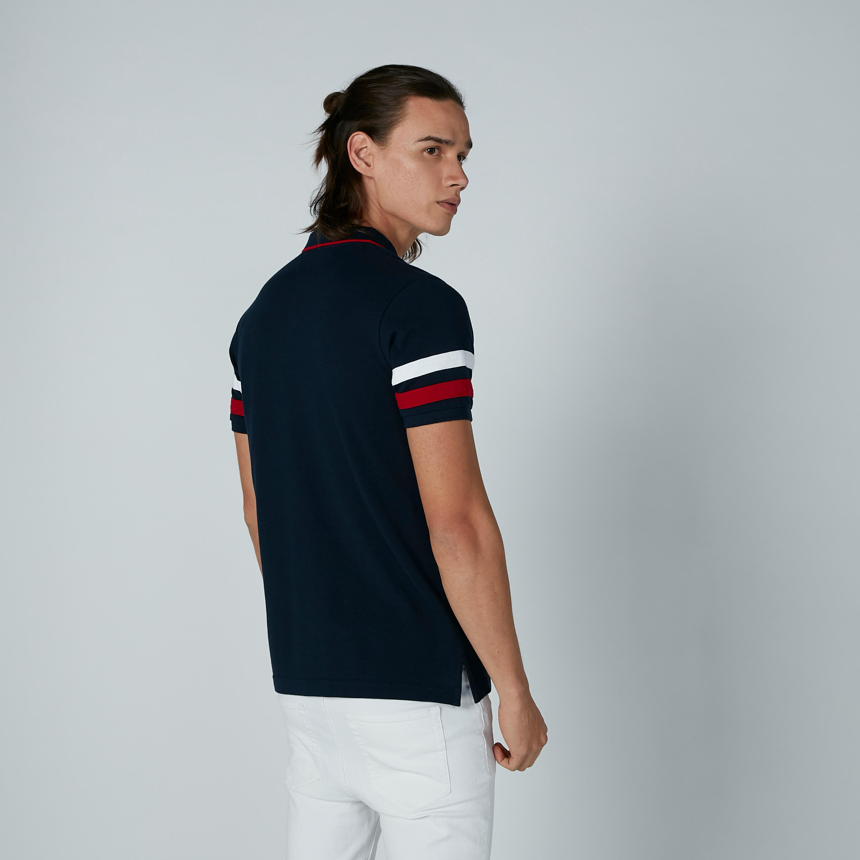 Plain T-Shirt with Polo Neck and Striped Sleeves-men-clothing-tshirtsandpolos-polos-image-3