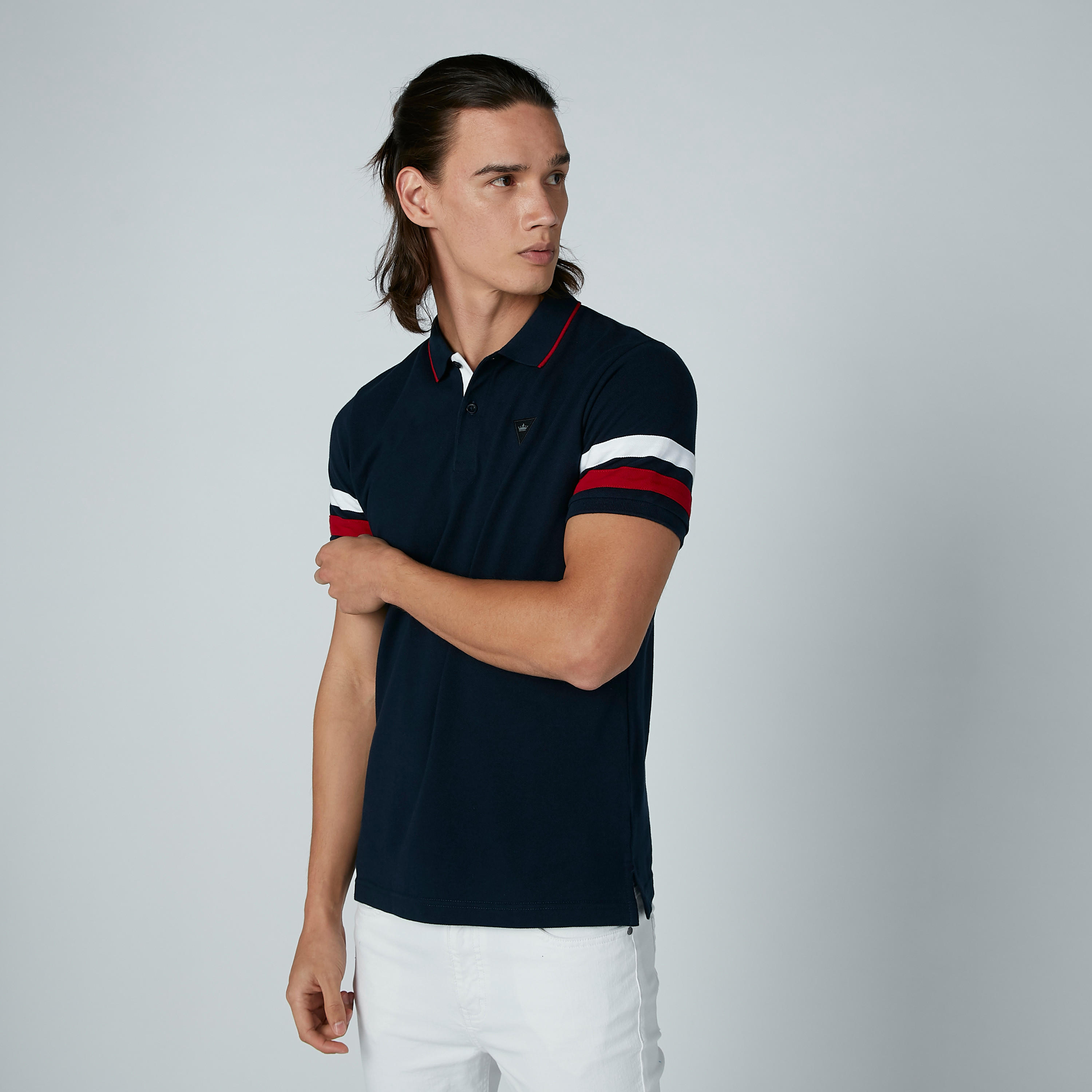 Plain T-Shirt with Polo Neck and Striped Sleeves-men-clothing-tshirtsandpolos-polos-image-4