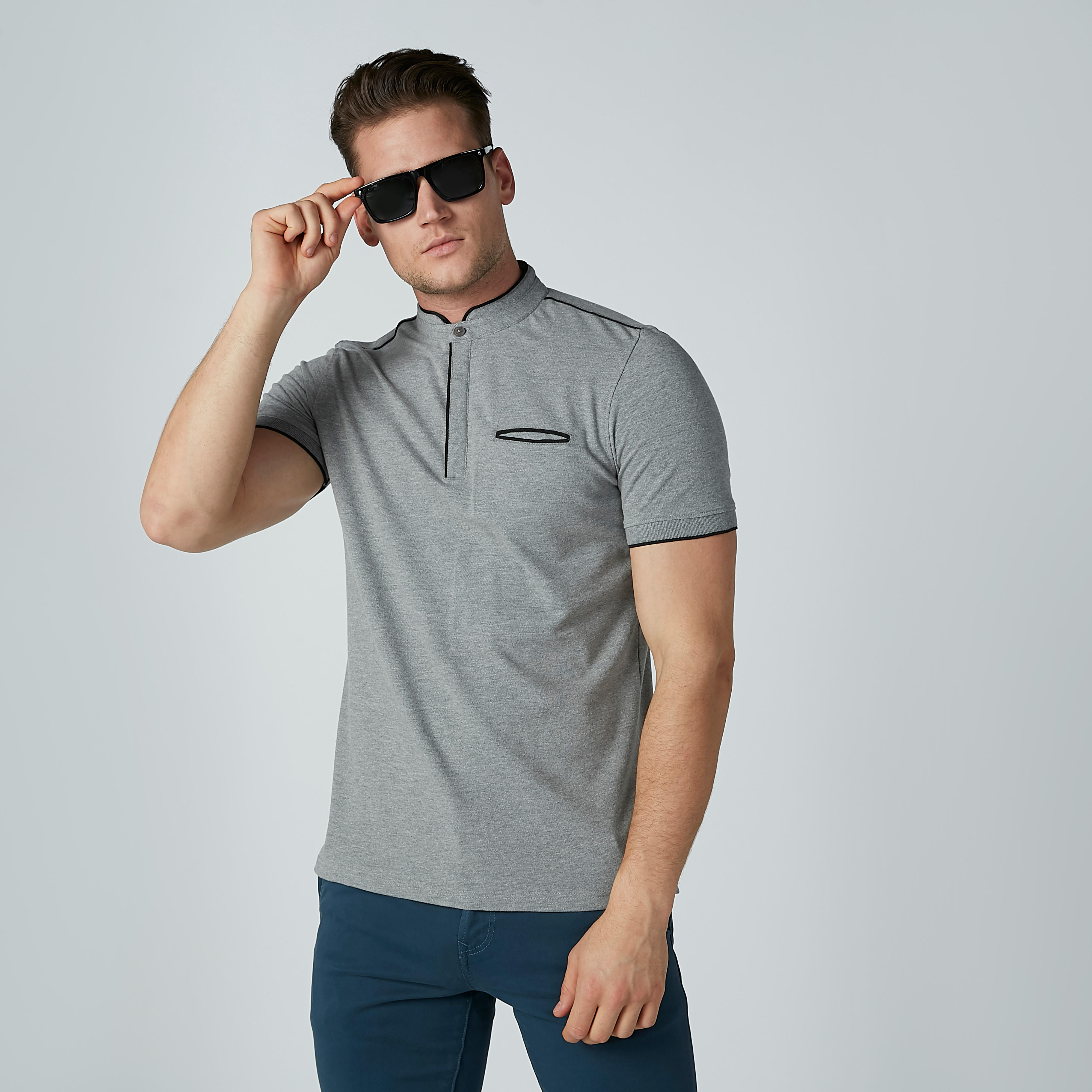 قميص سادة بياقة ماندارين وجيب داخلي-men-clothing-tshirtsandpolos-polos-image-1