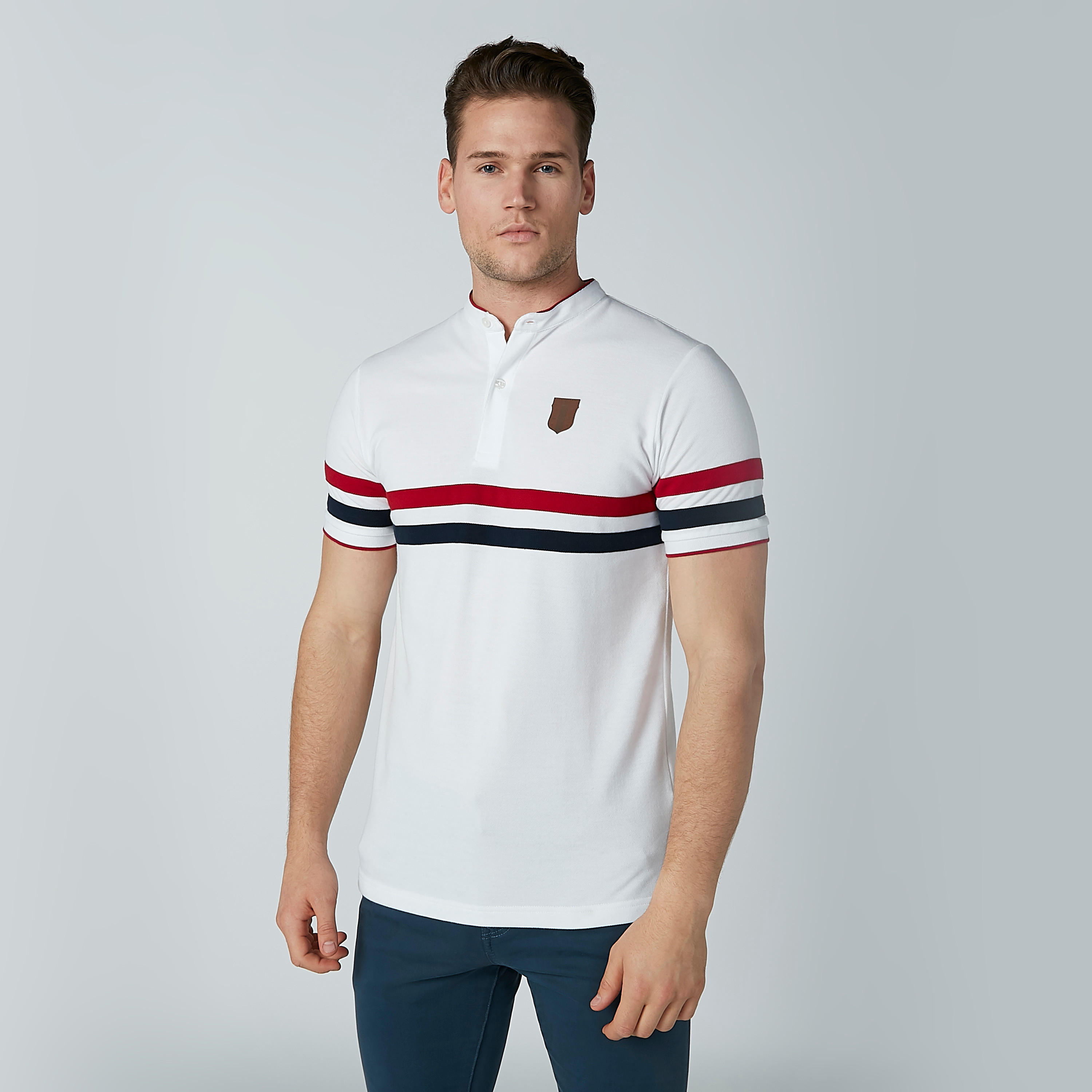 تيشيرت بولو مقلّم بياقة ماندارين وأكمام قصيرة-men-clothing-tshirtsandpolos-polos-image-1