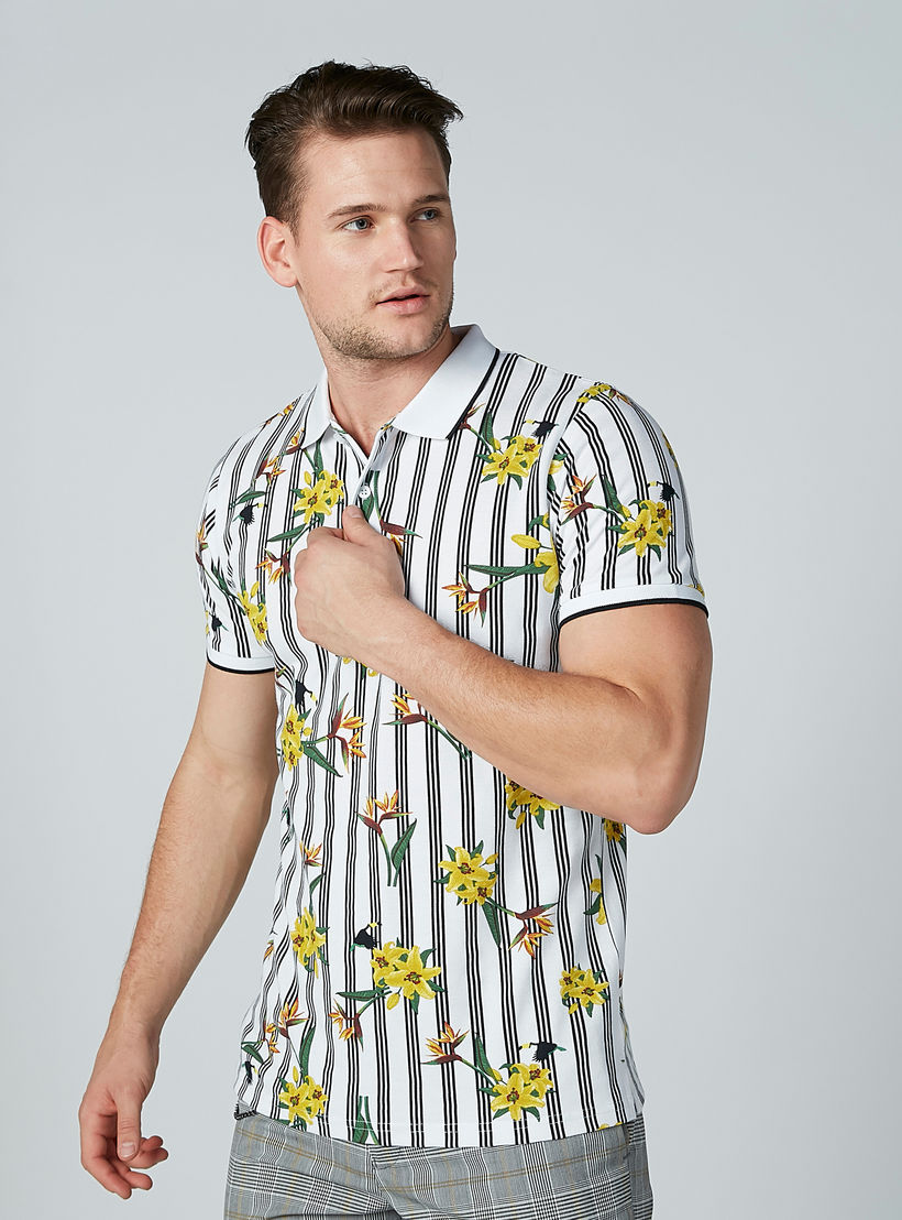 تيشيرت بياقة بولو وأكمام قصيرة وطبعات زهرية-men-clothing-tshirtsandpolos-polos-image-1