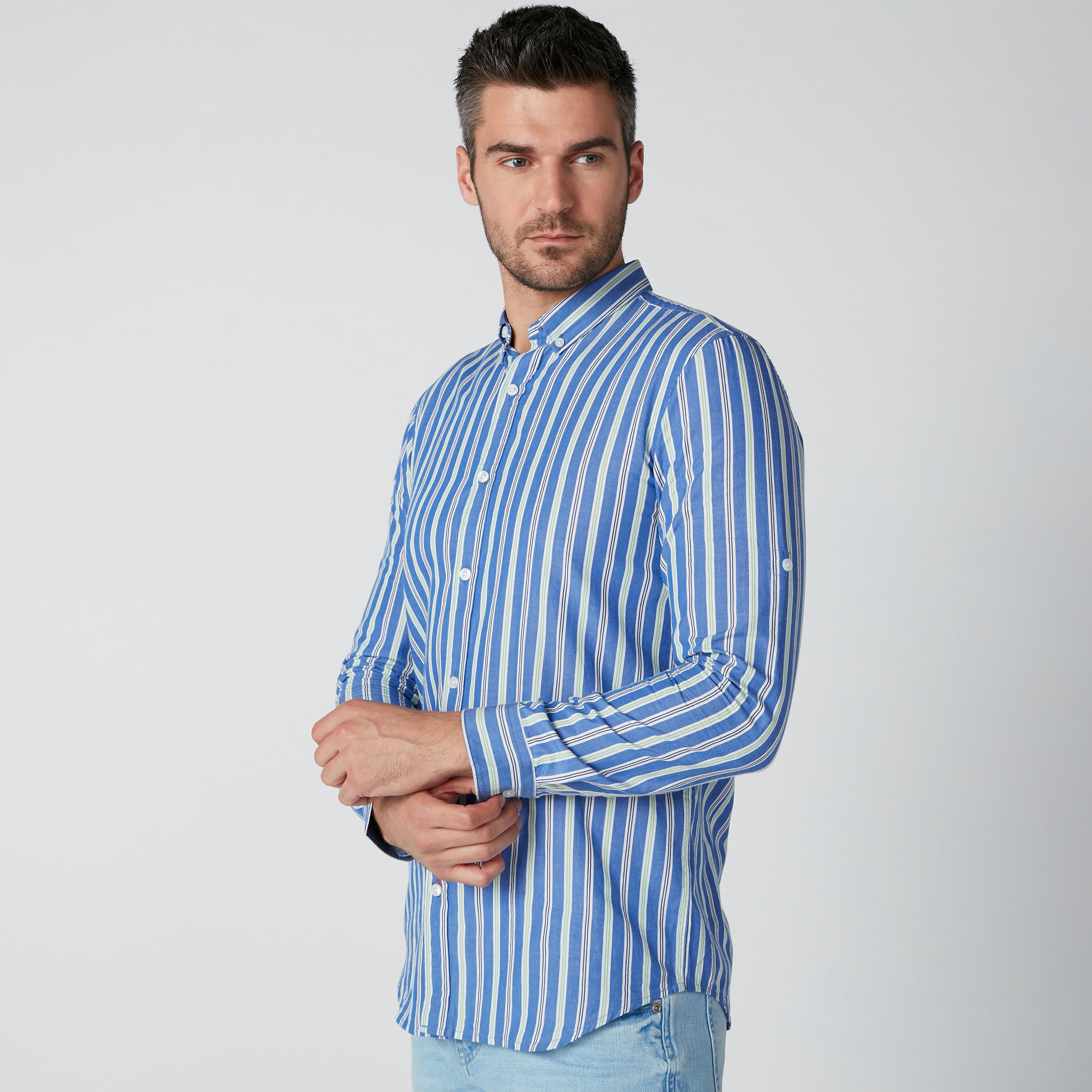 Striped Shirt with Long Sleeves and Button Tabs-men-clothing-shirts-image-1
