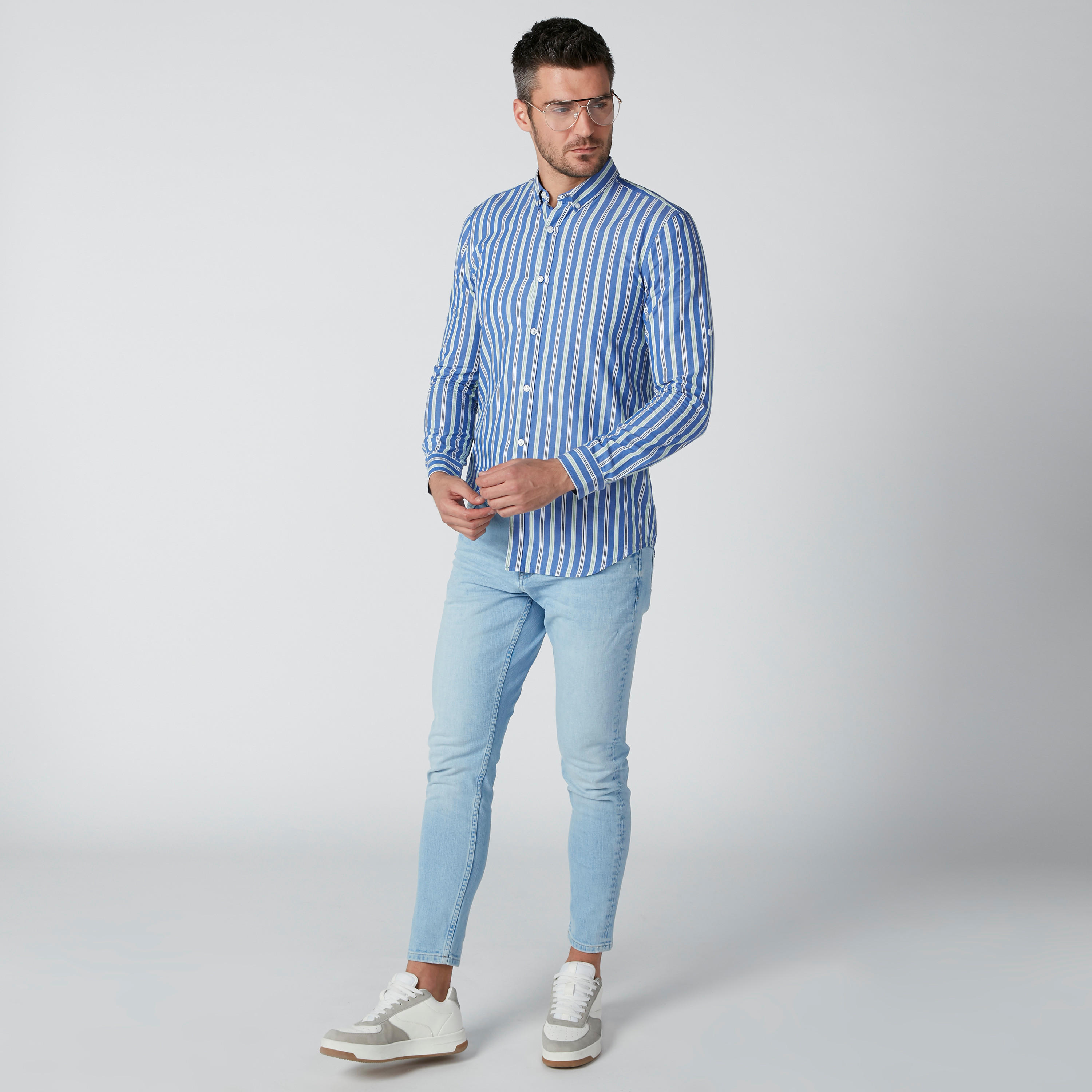 Striped Shirt with Long Sleeves and Button Tabs-men-clothing-shirts-image-2