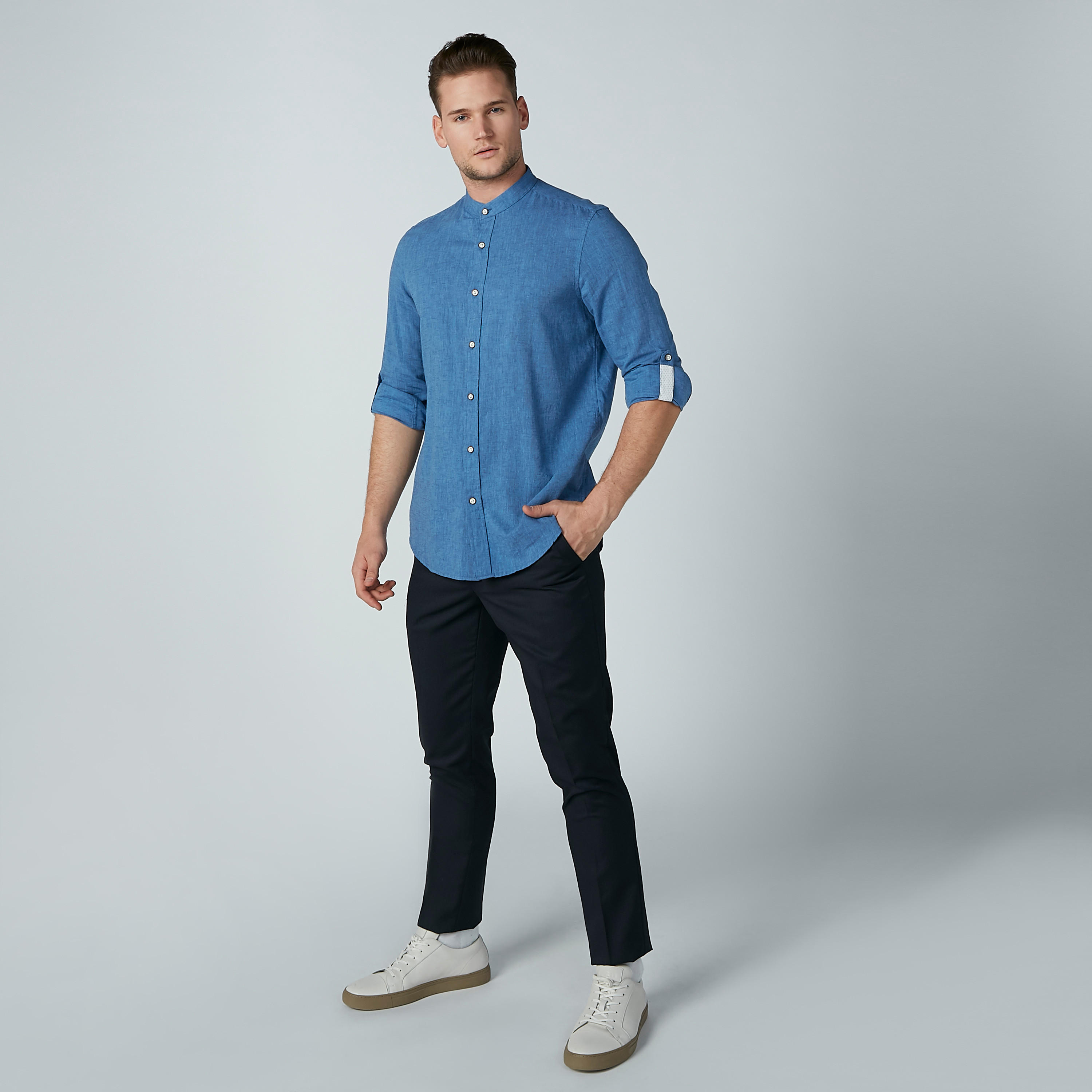 قميص سادة بياقة ماندارين وأكمام طويلة-men-clothing-shirts-image-2