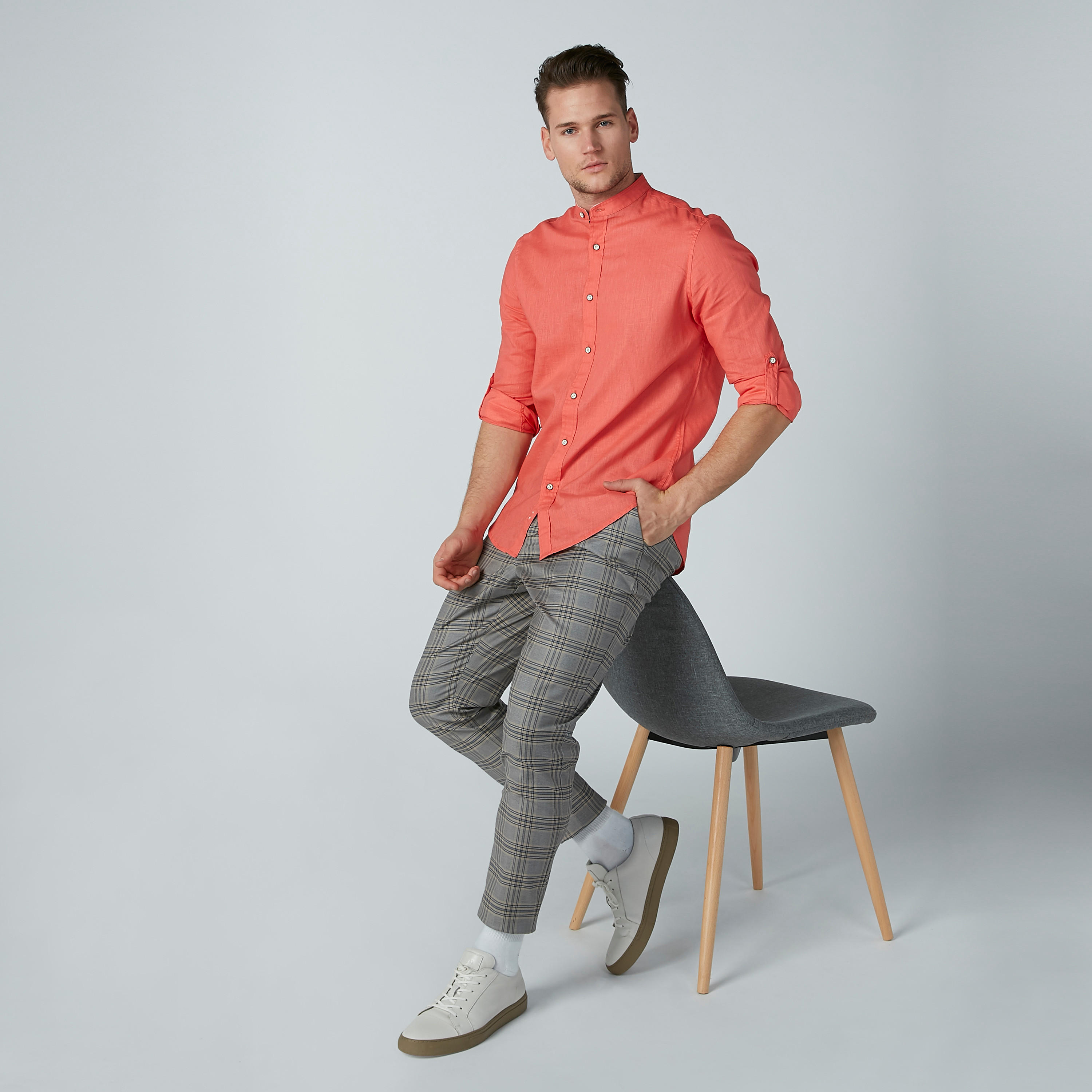 Solid Shirt with Mandarin Collar and Long Sleeves-men-clothing-shirts-image-1