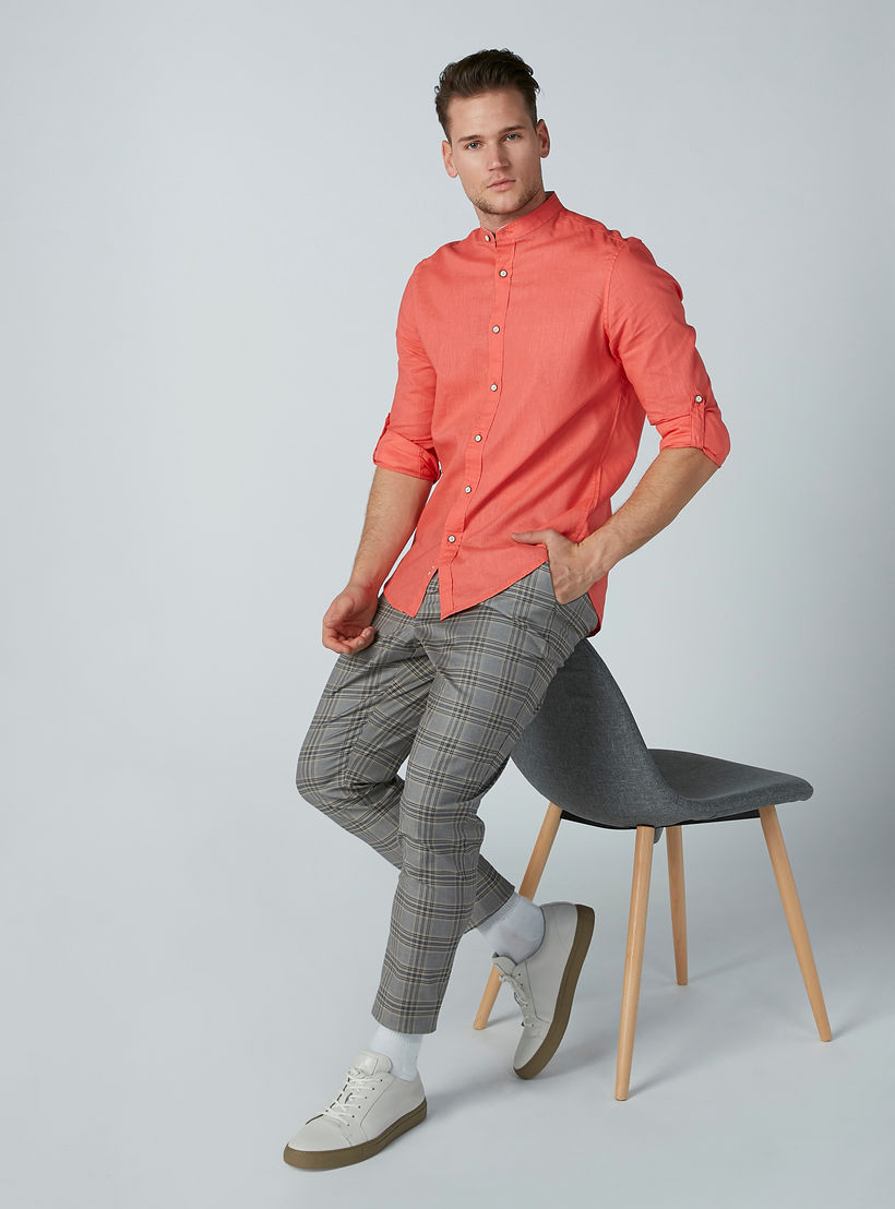 Solid Shirt with Mandarin Collar and Long Sleeves-men-clothing-shirts-image-1