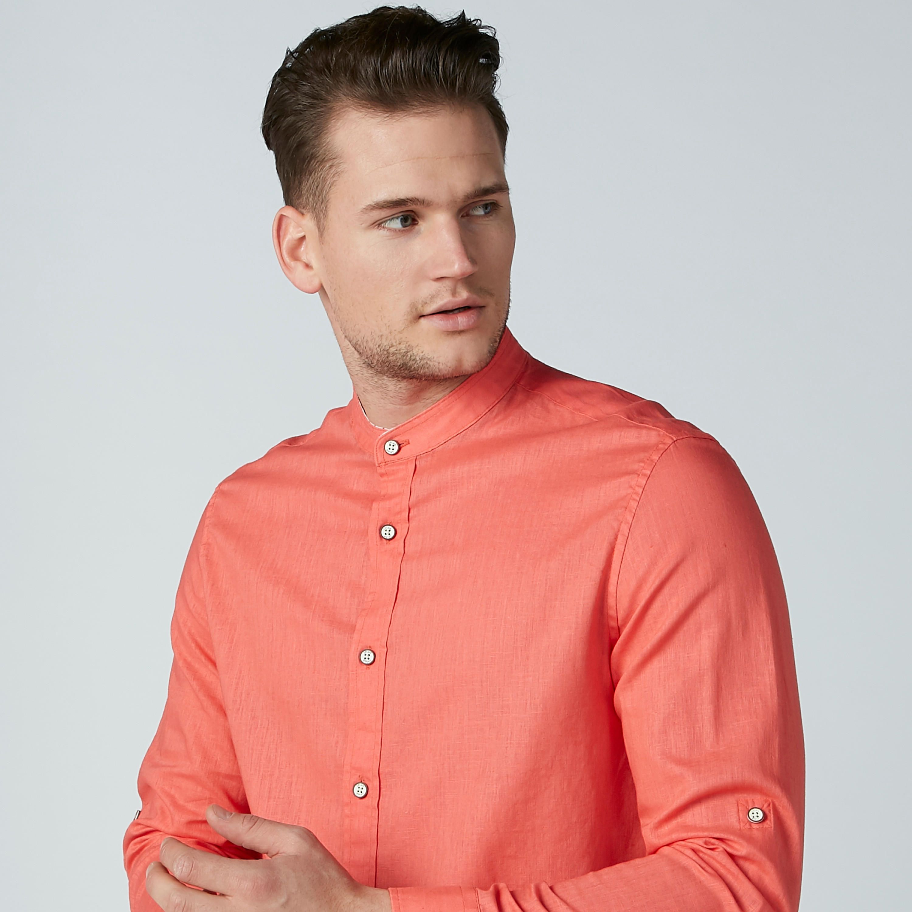 Solid Shirt with Mandarin Collar and Long Sleeves-men-clothing-shirts-image-2