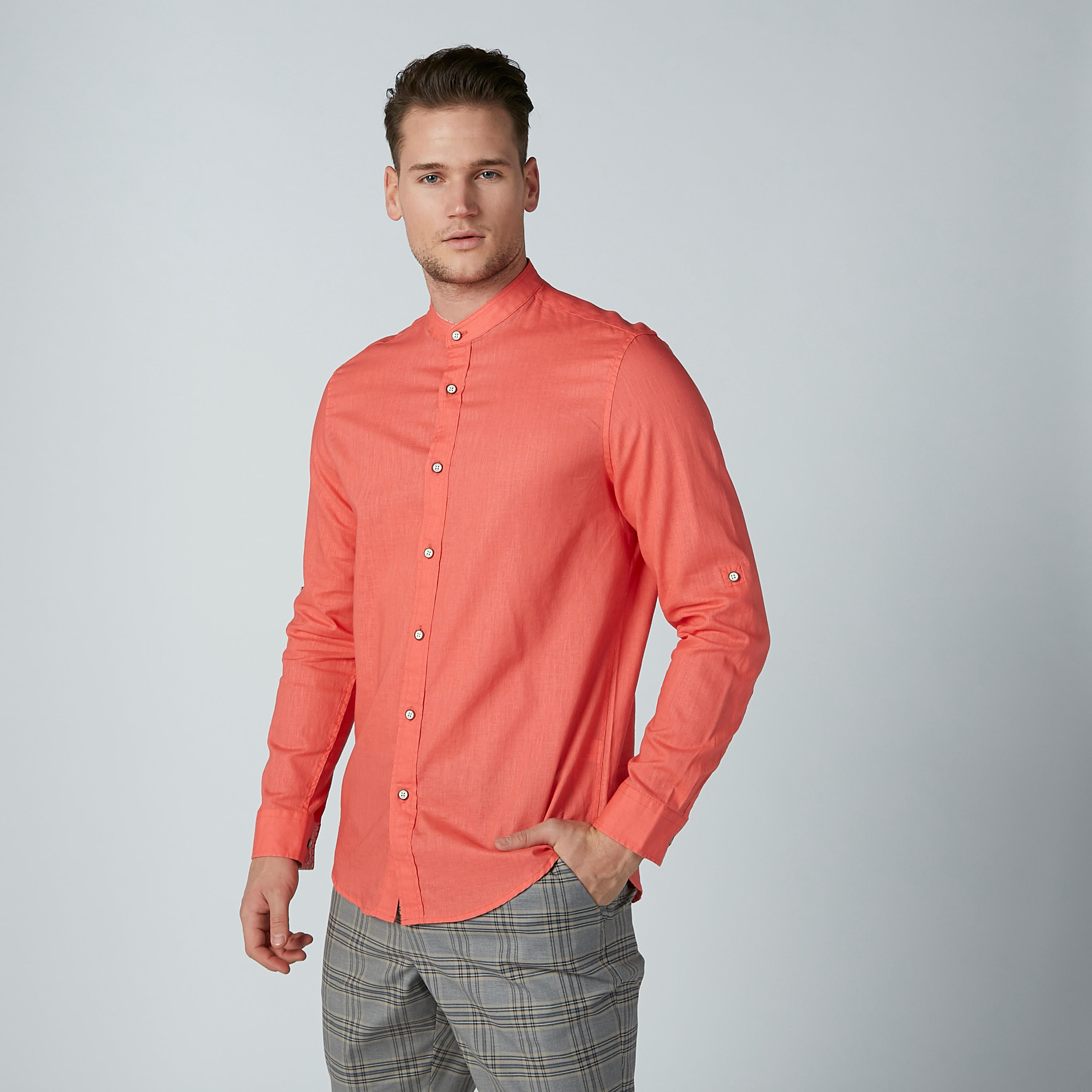 Solid Shirt with Mandarin Collar and Long Sleeves-men-clothing-shirts-image-3
