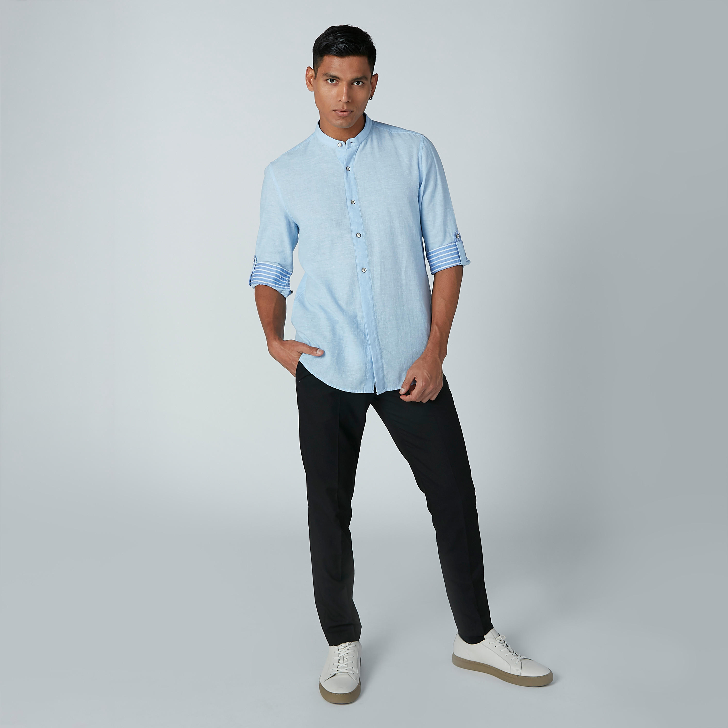 قميص سادة بياقة ماندارين وأكمام طويلة-men-clothing-shirts-image-2