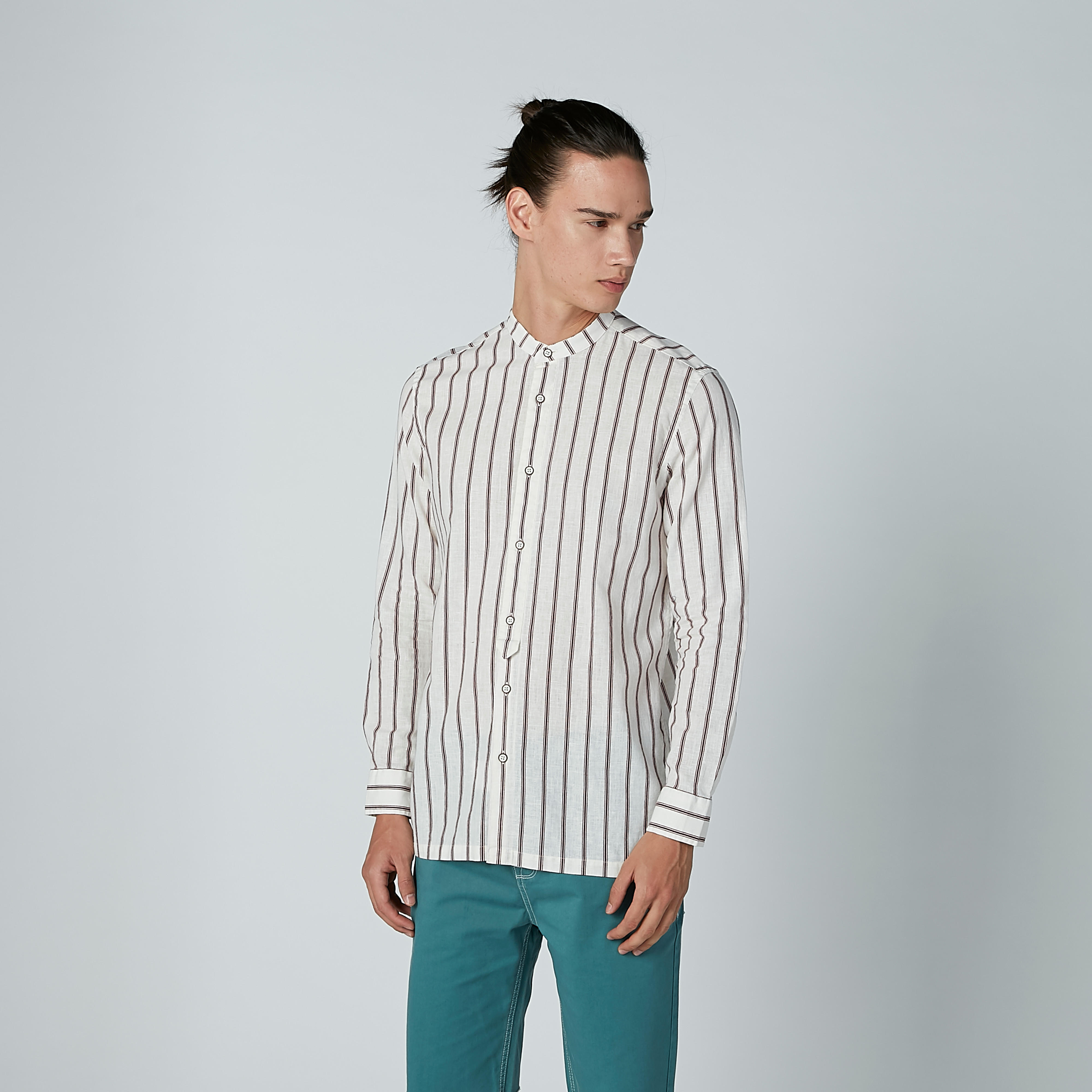 قميص مقلّم بياقة ماندارين وأكمام طويلة-men-clothing-shirts-image-1
