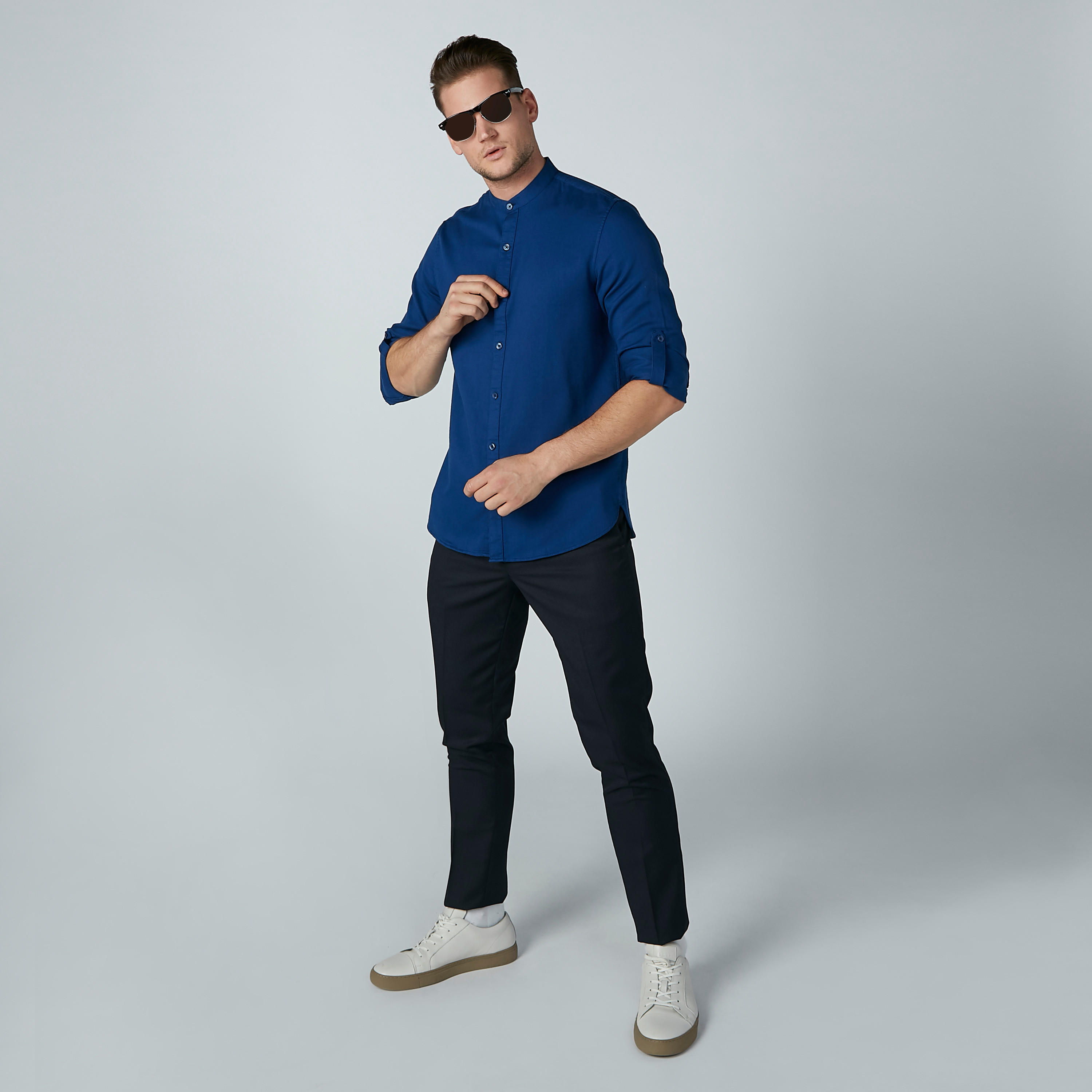 Solid Shirt with Mandarin Collar and Long Sleeves-men-clothing-shirts-image-2