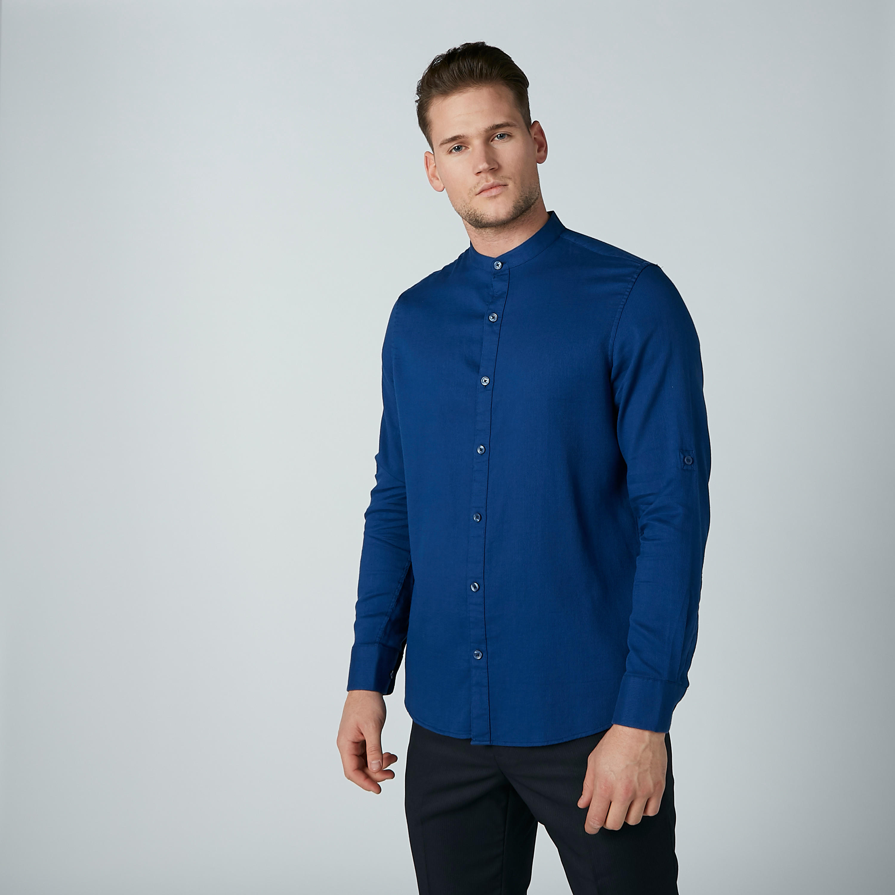 Solid Shirt with Mandarin Collar and Long Sleeves-men-clothing-shirts-image-4
