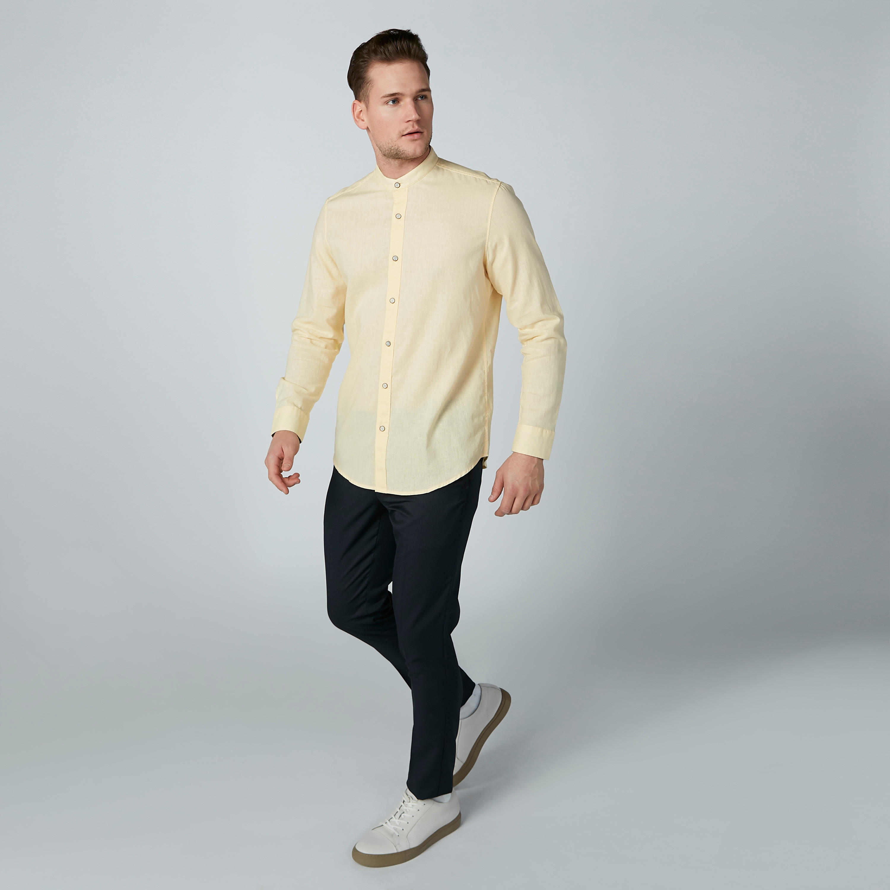 قميص سادة بياقة ماندارين وأكمام طويلة-men-clothing-shirts-image-1