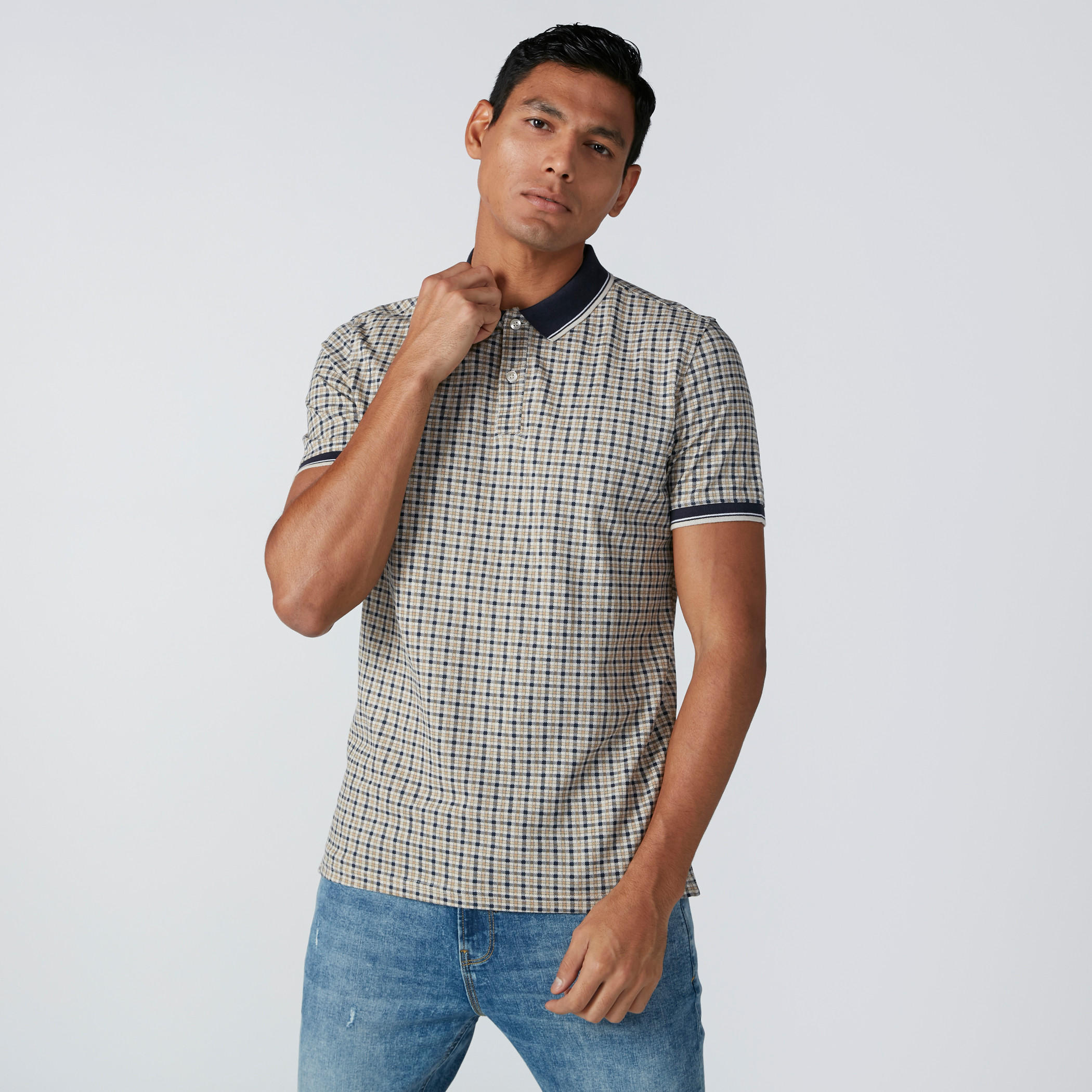 تيشيرت كاروهات سليم فيت بياقة بولو وأكمام قصيرة-men-clothing-tshirtsandpolos-polos-image-1