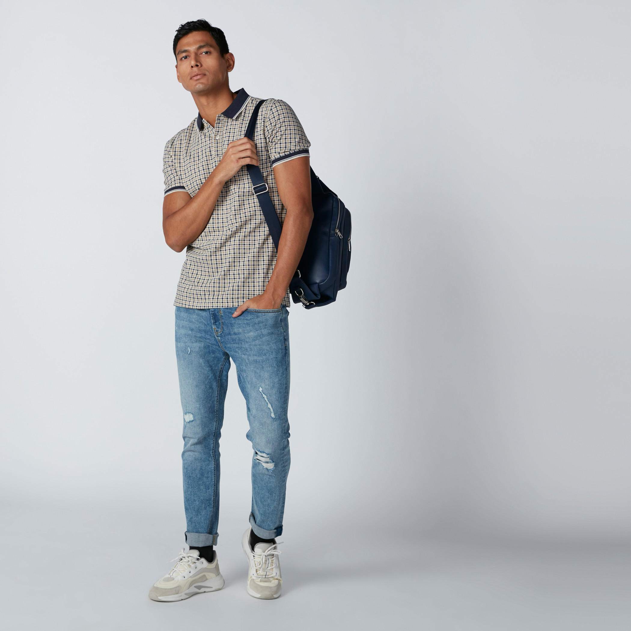 تيشيرت كاروهات سليم فيت بياقة بولو وأكمام قصيرة-men-clothing-tshirtsandpolos-polos-image-3