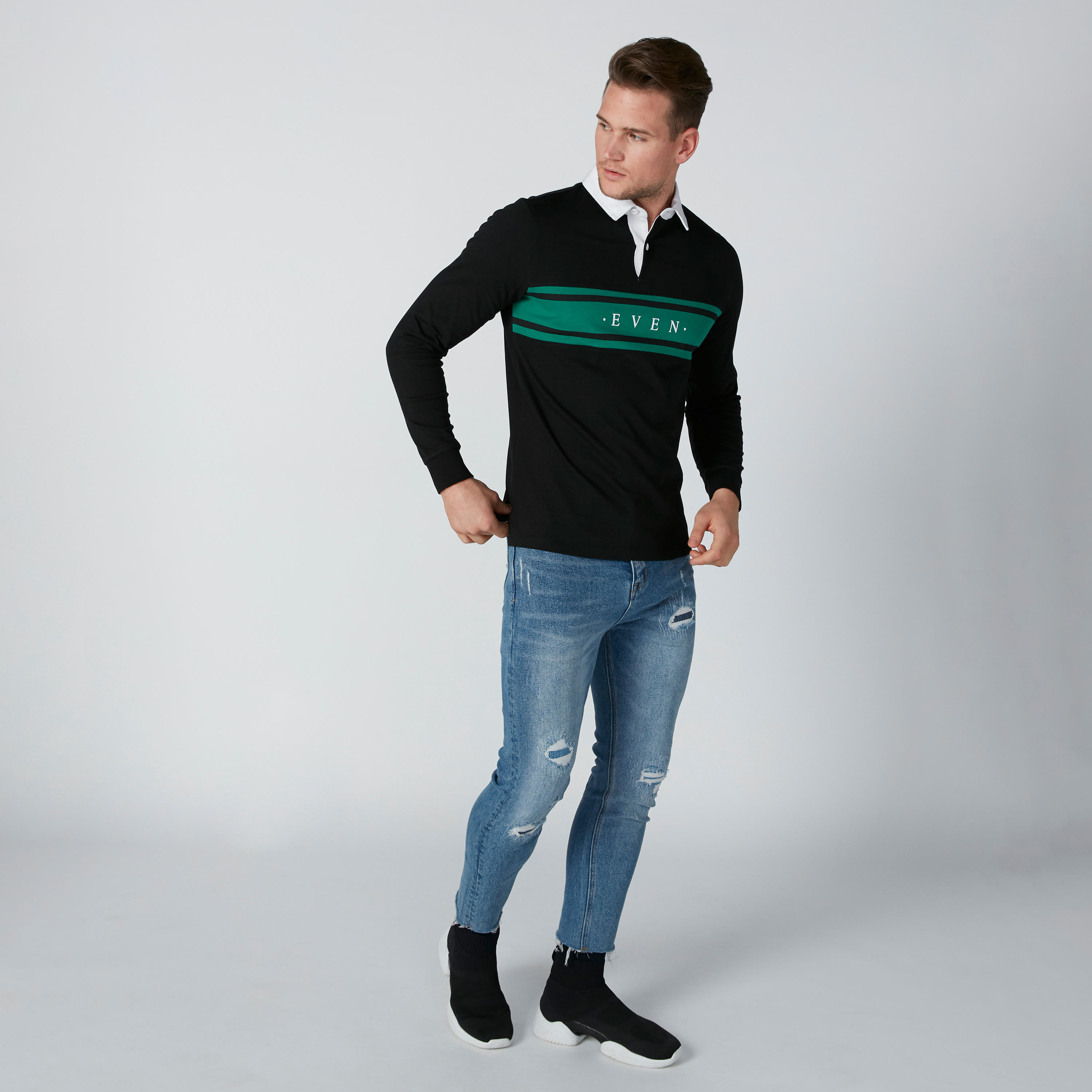 Printed T-Shirt with Polo Neck and Long Sleeves-men-clothing-tshirtsandpolos-polos-image-1