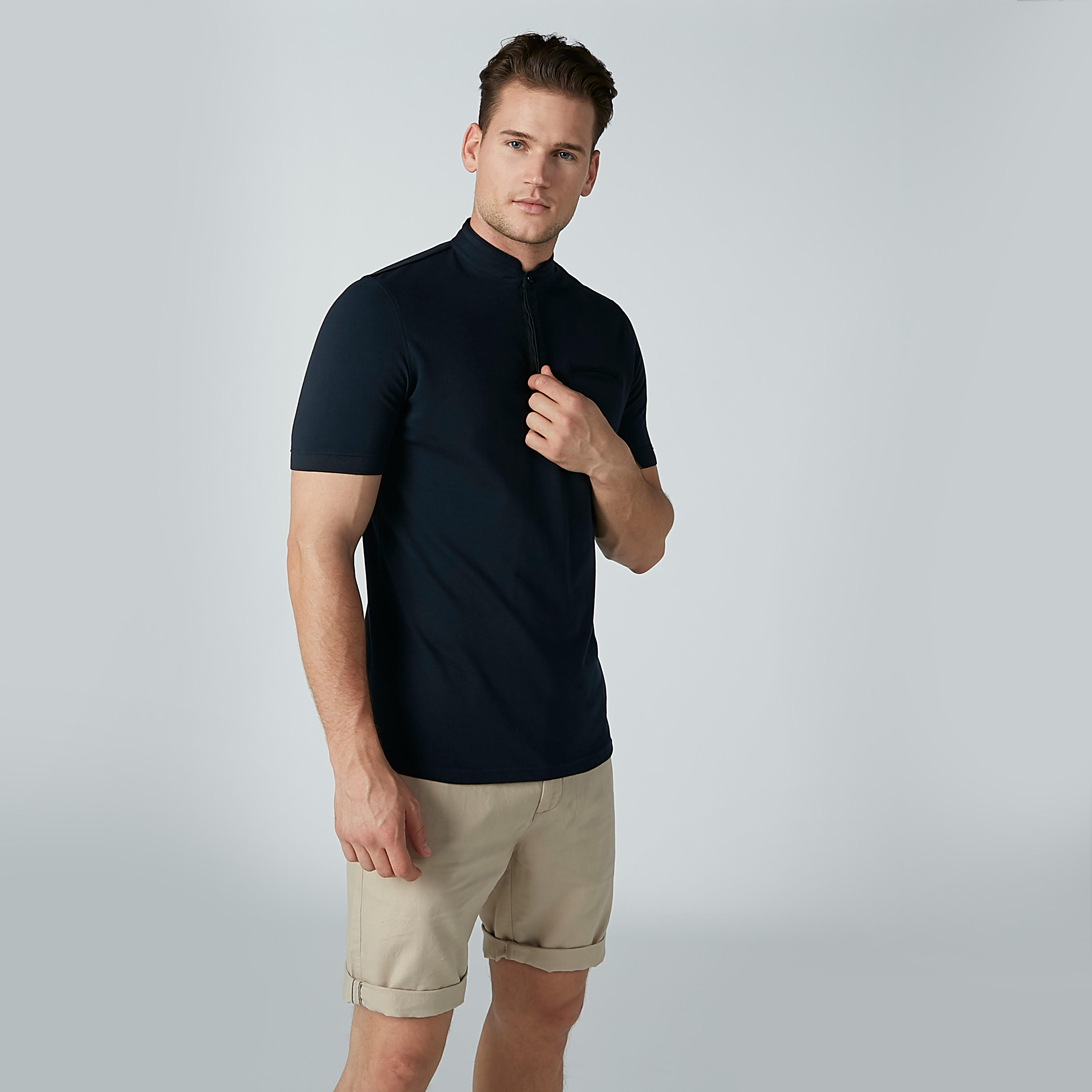 Solid T-shirt with Mandarin Collar and Short Sleeves-men-clothing-tshirtsandpolos-polos-image-2