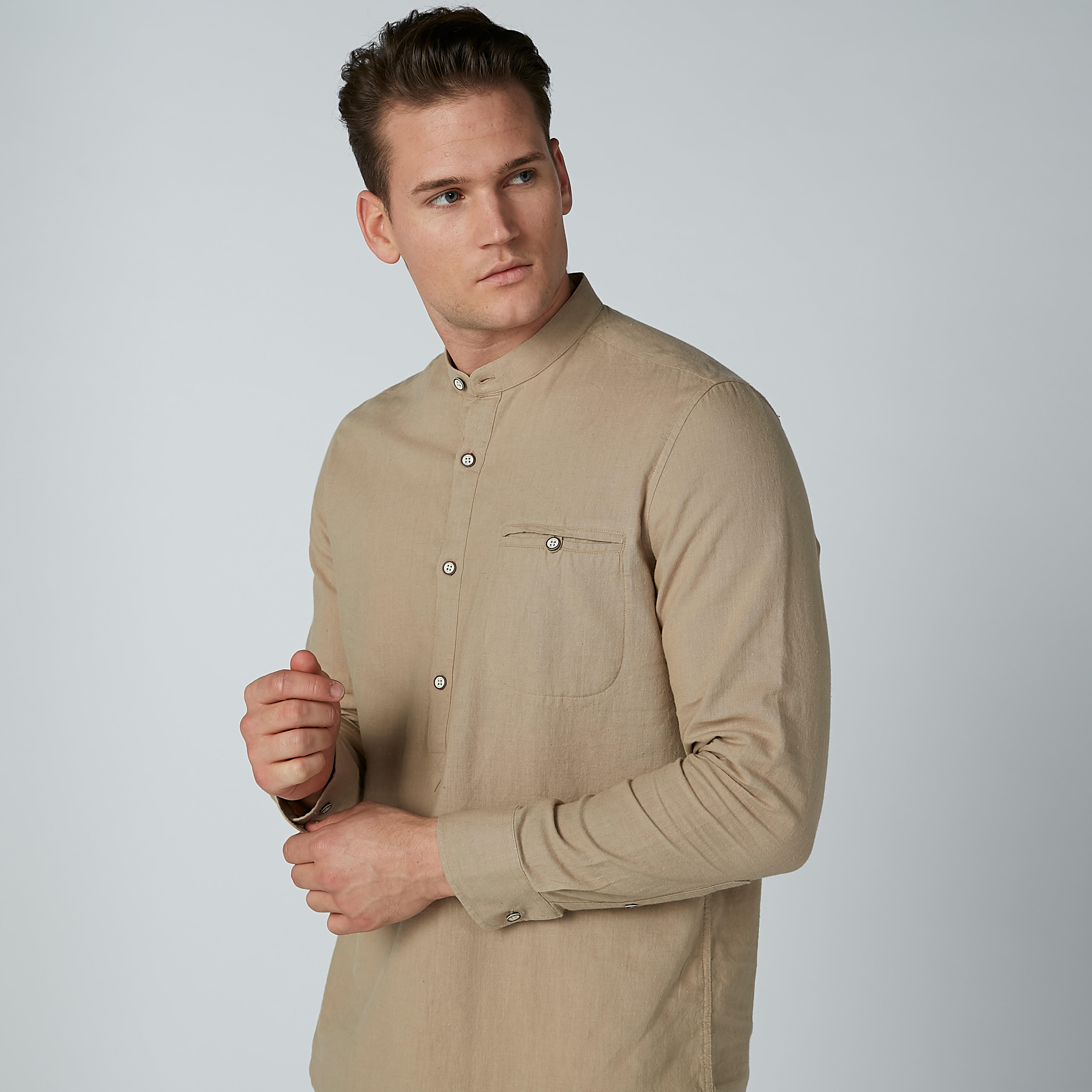 قميص سادة بياقة ماندارين وأكمام طويلة-men-clothing-shirts-image-3