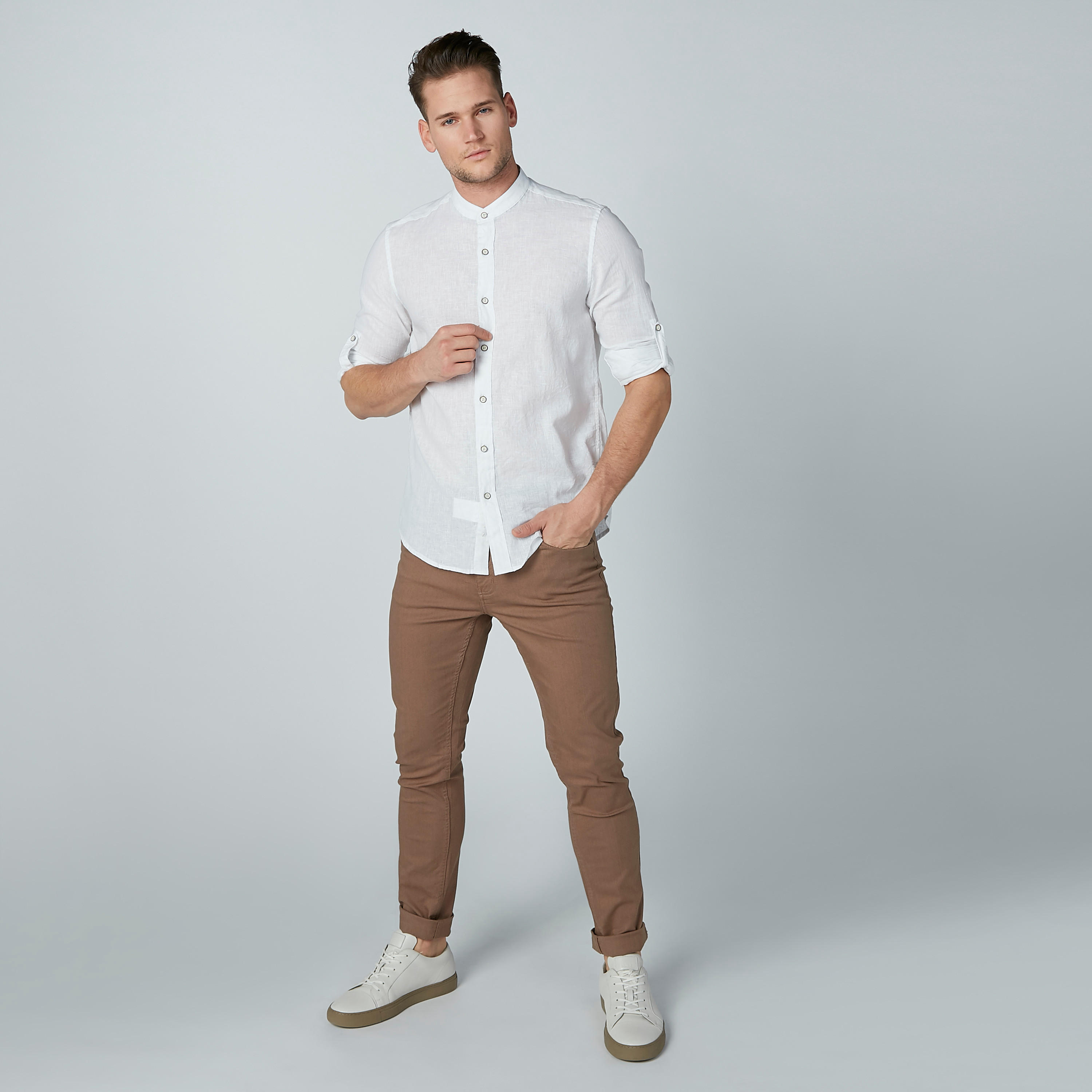 Solid Formal Shirt with Long Sleeves and Mandarin Collar-men-clothing-shirts-image-2