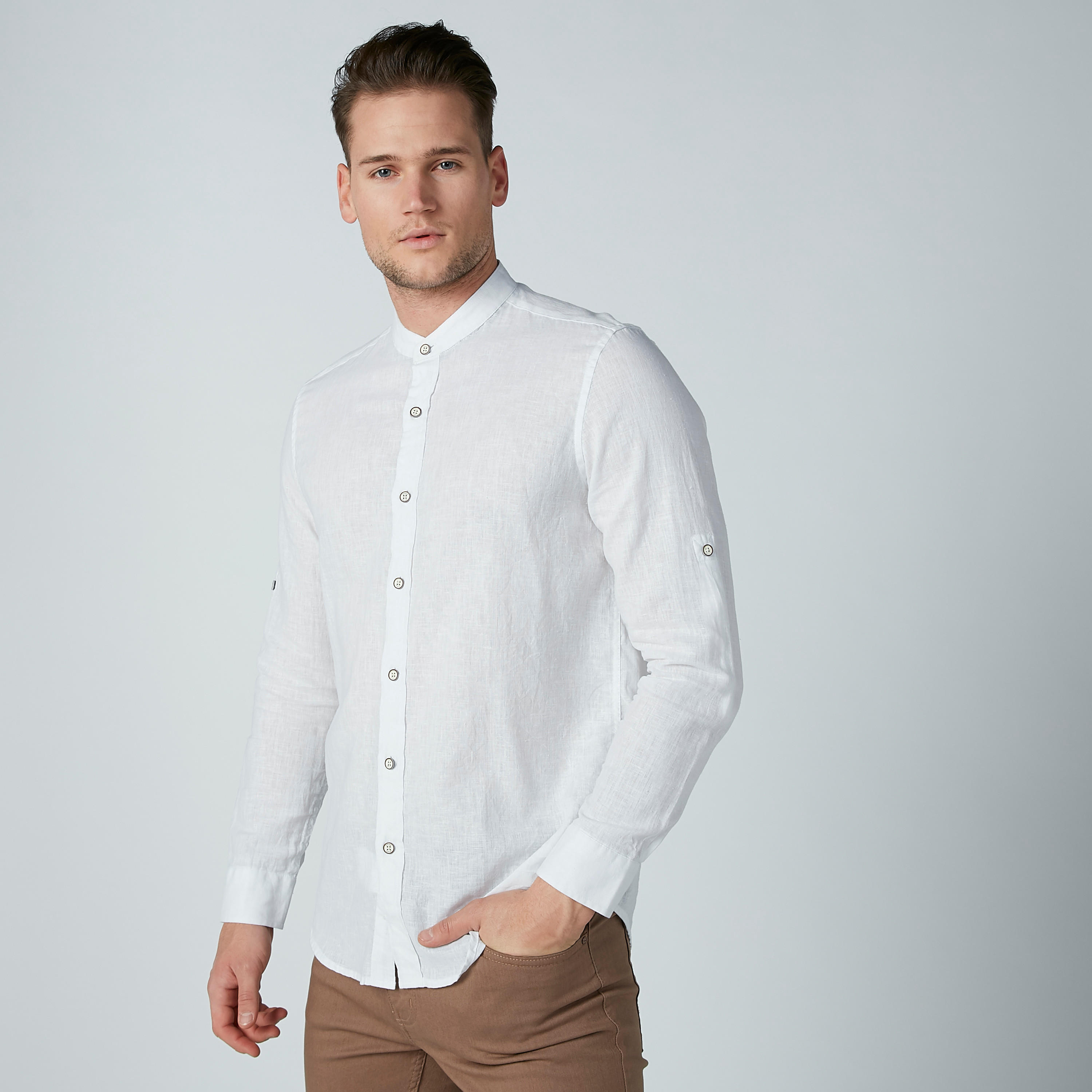 Solid Formal Shirt with Long Sleeves and Mandarin Collar-men-clothing-shirts-image-1
