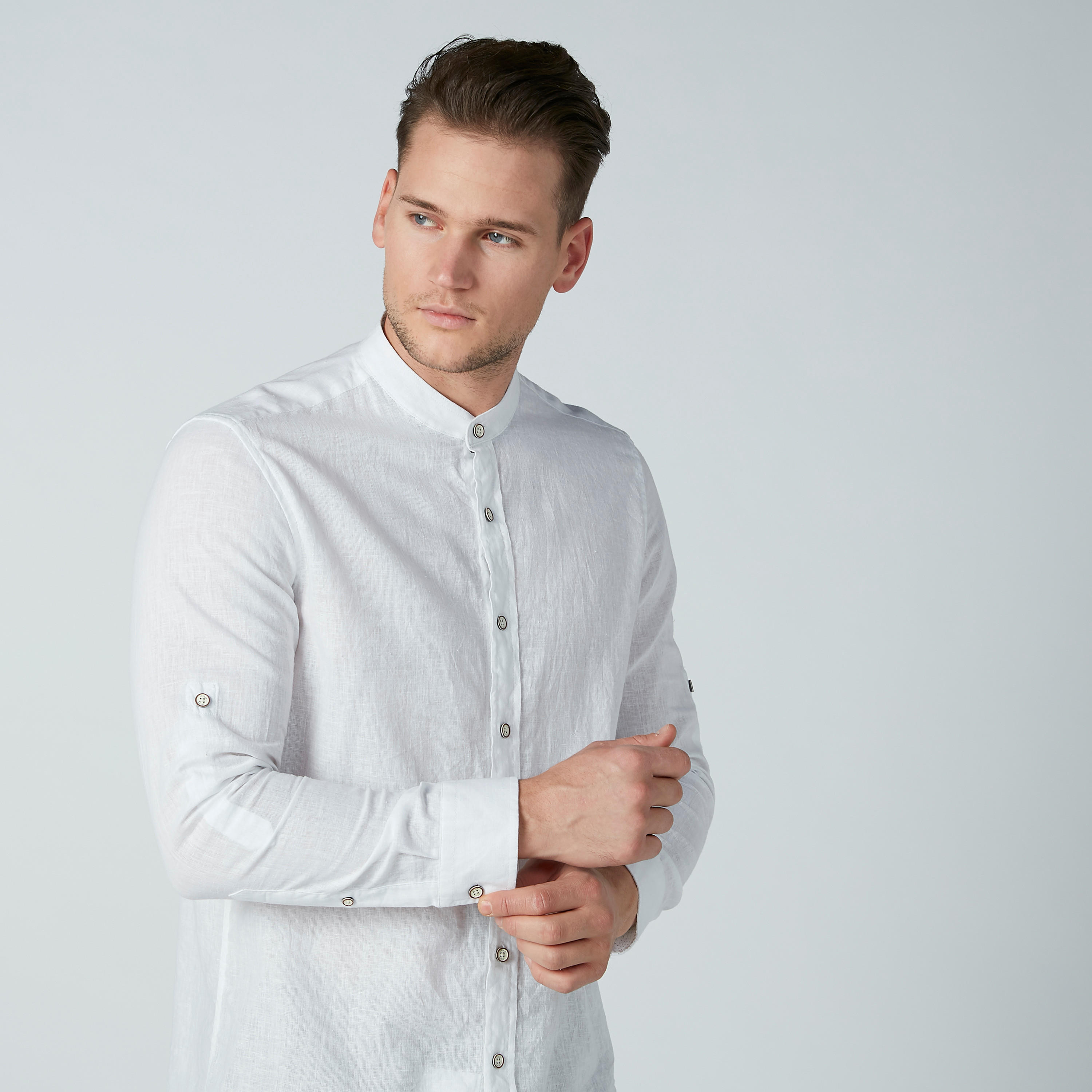 Solid Formal Shirt with Long Sleeves and Mandarin Collar-men-clothing-shirts-image-5