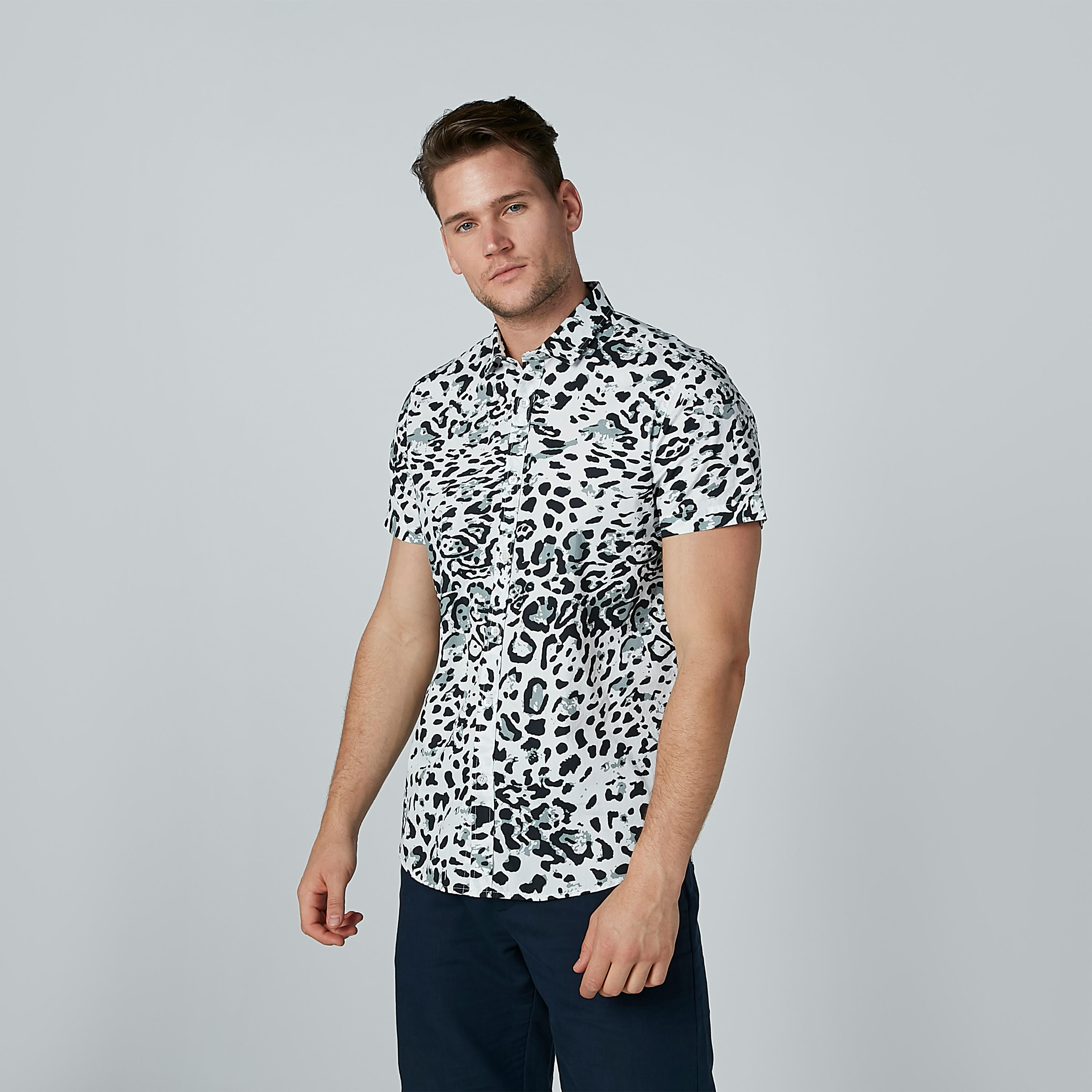 Animal Print Collared Shirt with Short Sleeves-men-clothing-shirts-image-1