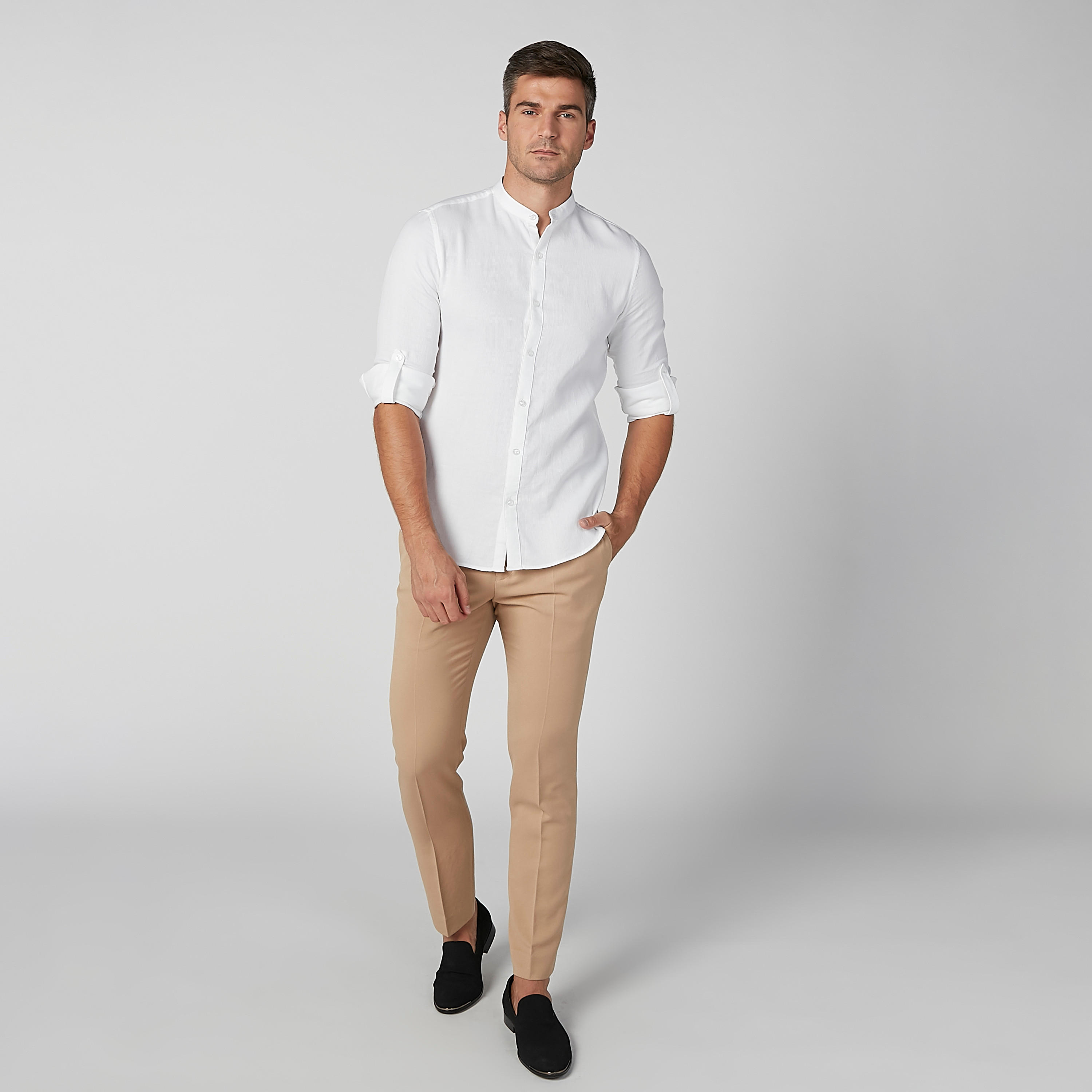 قميص سادة بياقة ماندارين وأكمام طويلة-men-clothing-shirts-image-2
