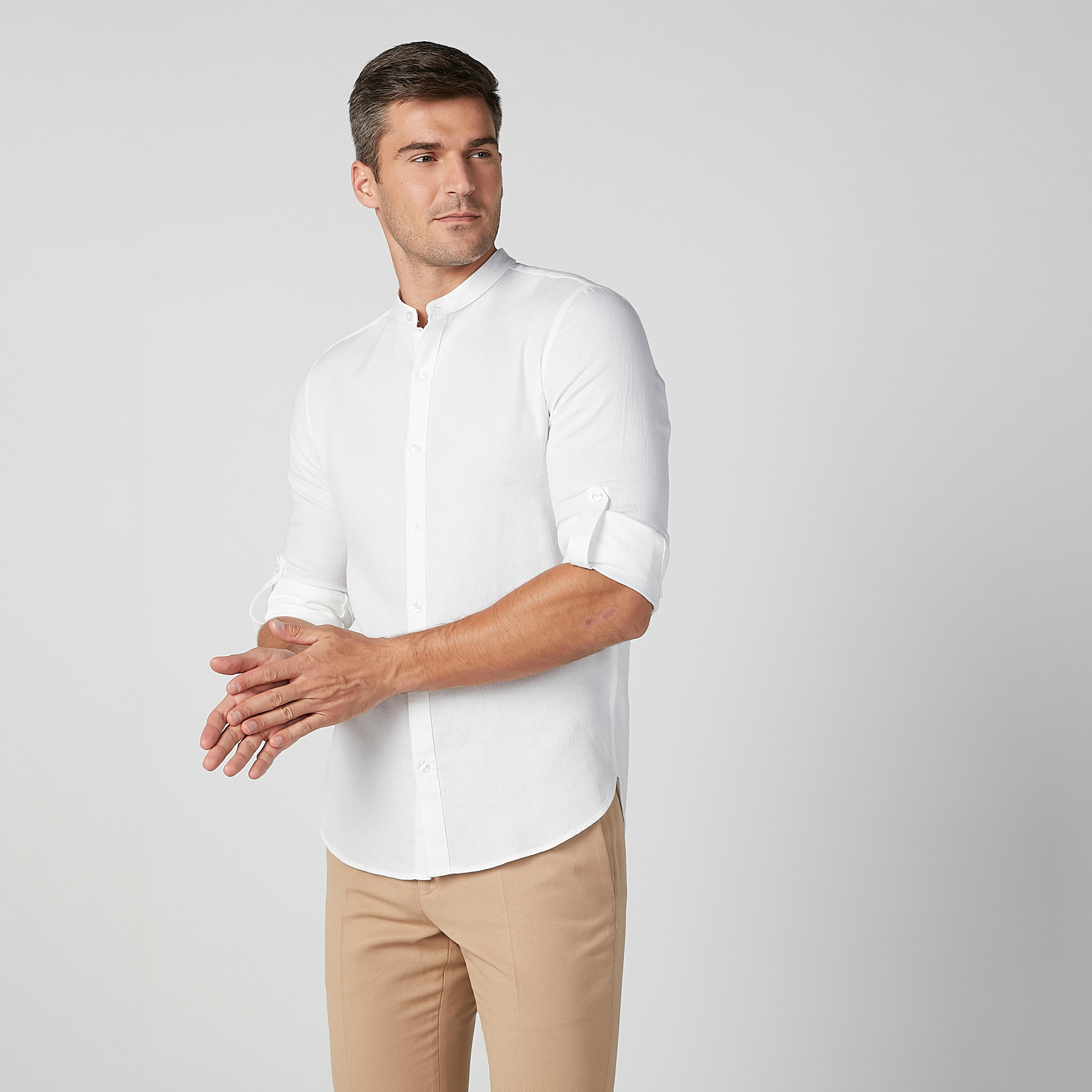 قميص سادة بياقة ماندارين وأكمام طويلة-men-clothing-shirts-image-6