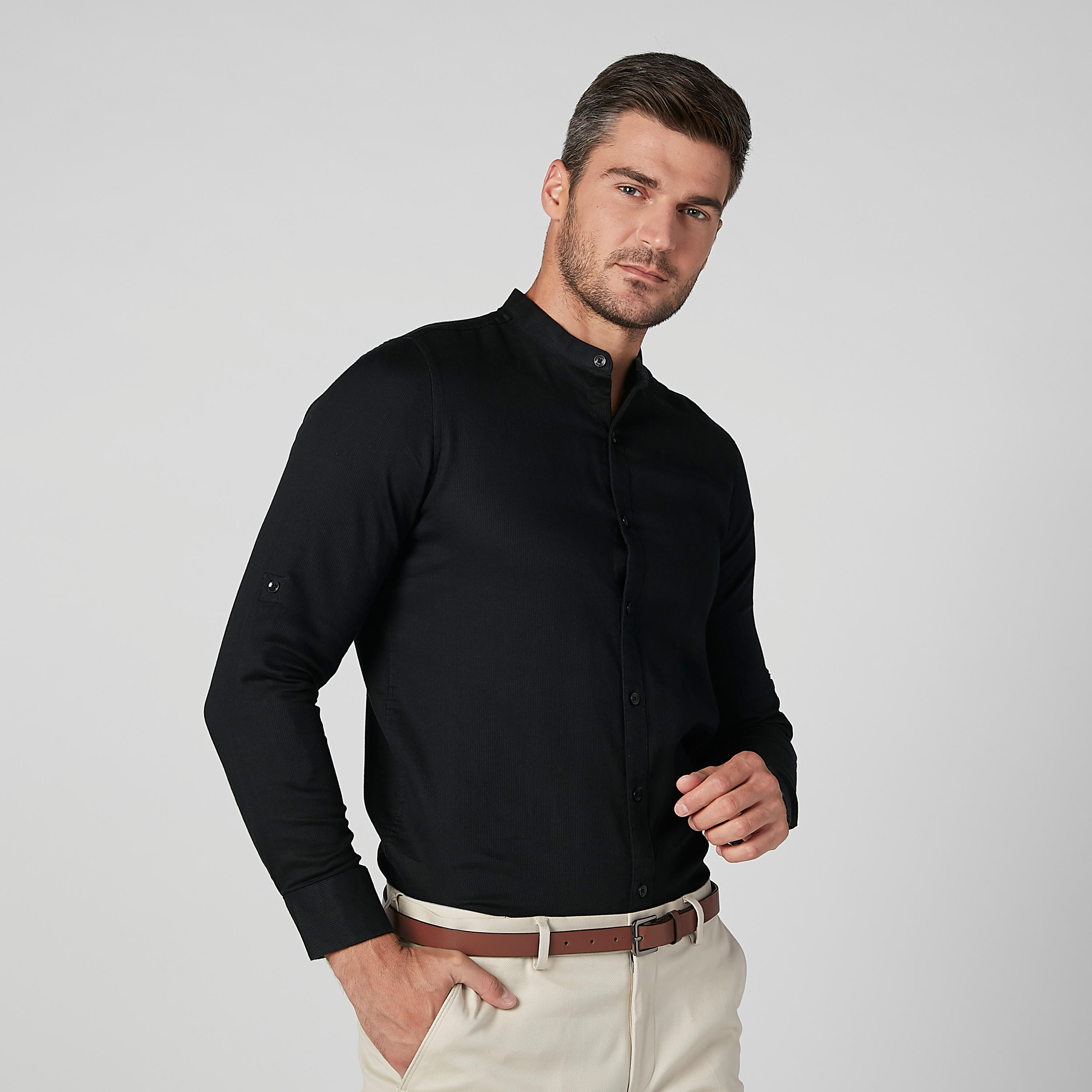 Plain Shirt with Long Sleeves and Mandarin Collar-men-clothing-shirts-image-1