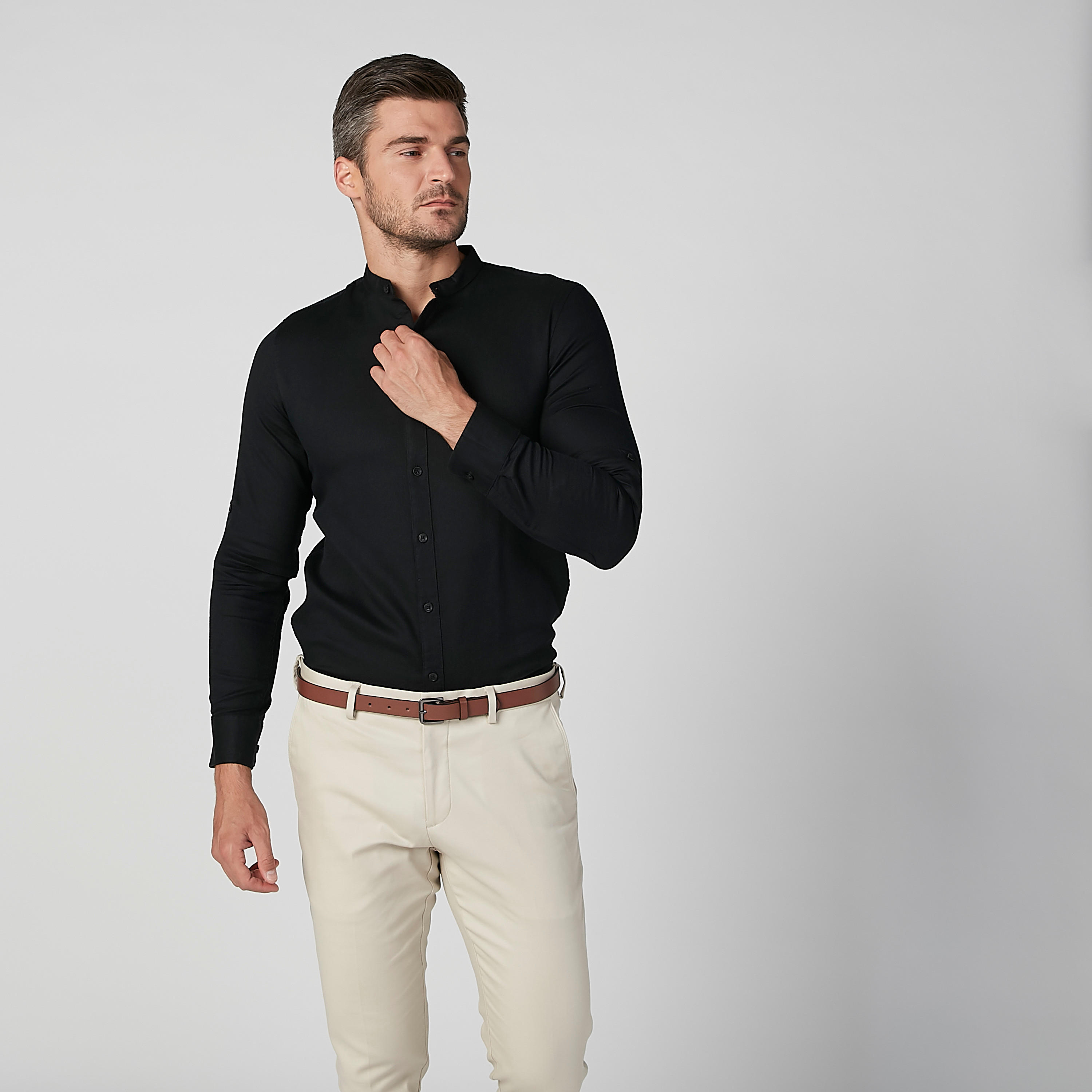 Plain Shirt with Long Sleeves and Mandarin Collar-men-clothing-shirts-image-3