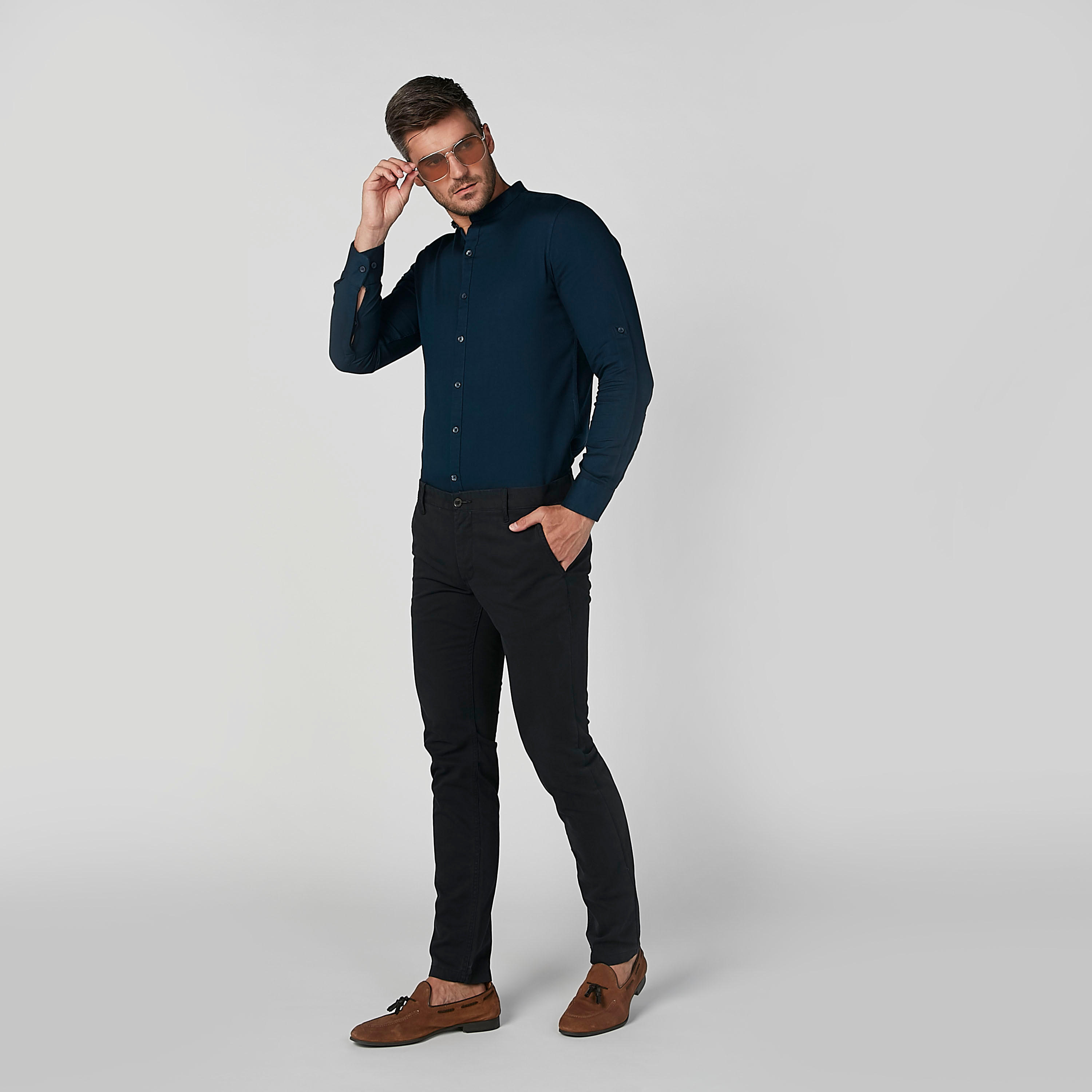 Solid Shirt with Mandarin Collar and Long Sleeves-men-clothing-shirts-image-1