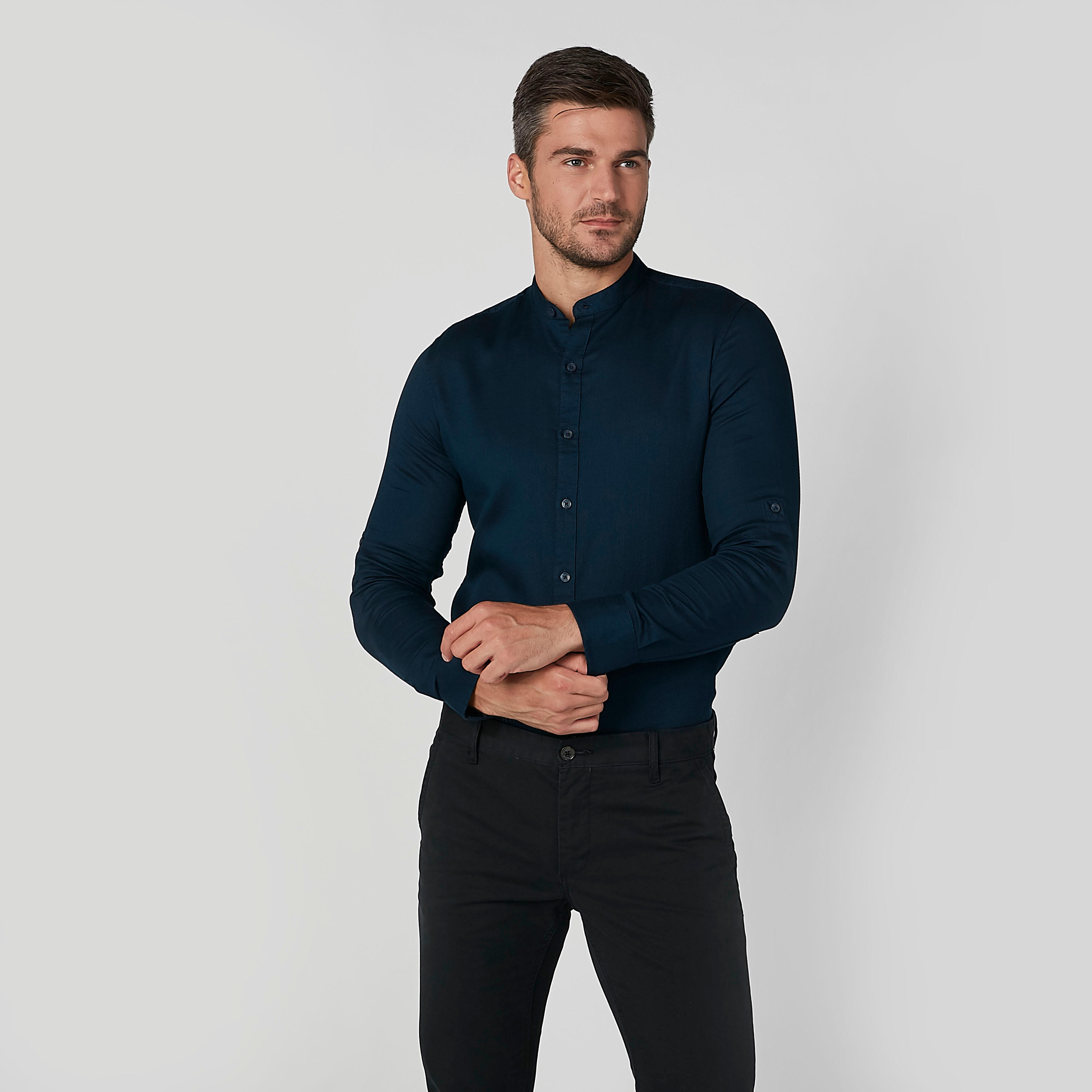 Solid Shirt with Mandarin Collar and Long Sleeves-men-clothing-shirts-image-2