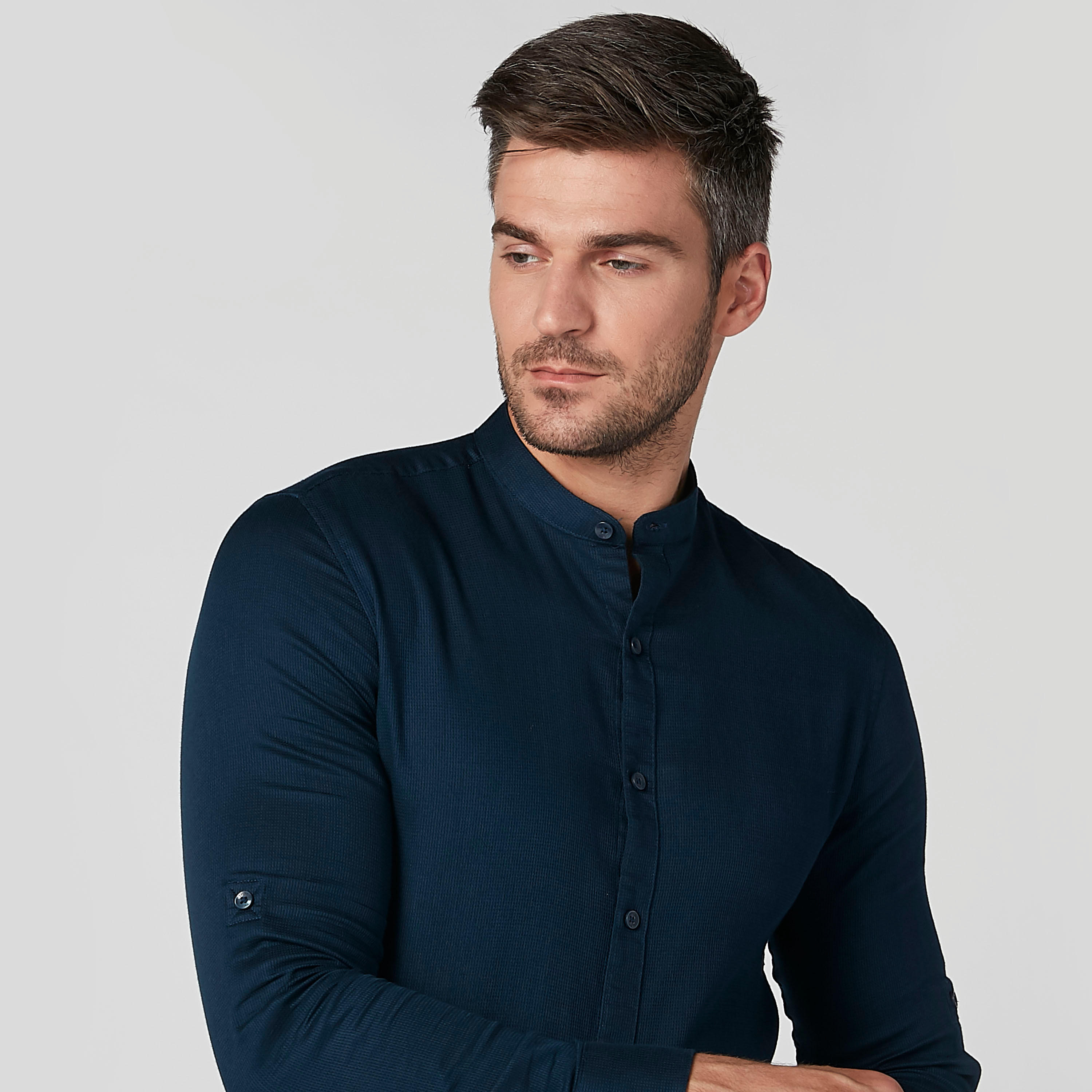 Solid Shirt with Mandarin Collar and Long Sleeves-men-clothing-shirts-image-3