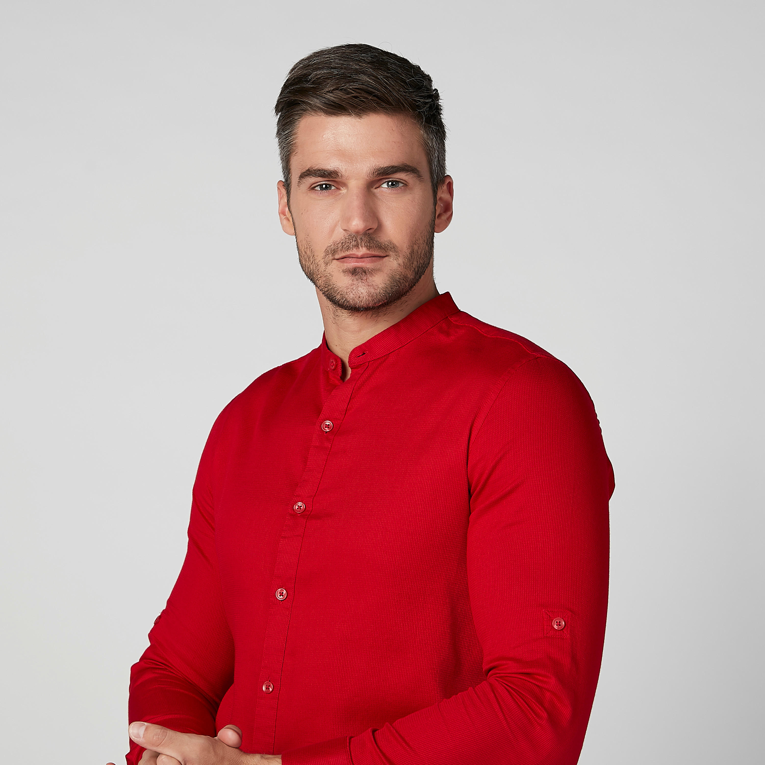 Plain Shirt with Mandarin Collar and Long Sleeves-men-clothing-shirts-image-2