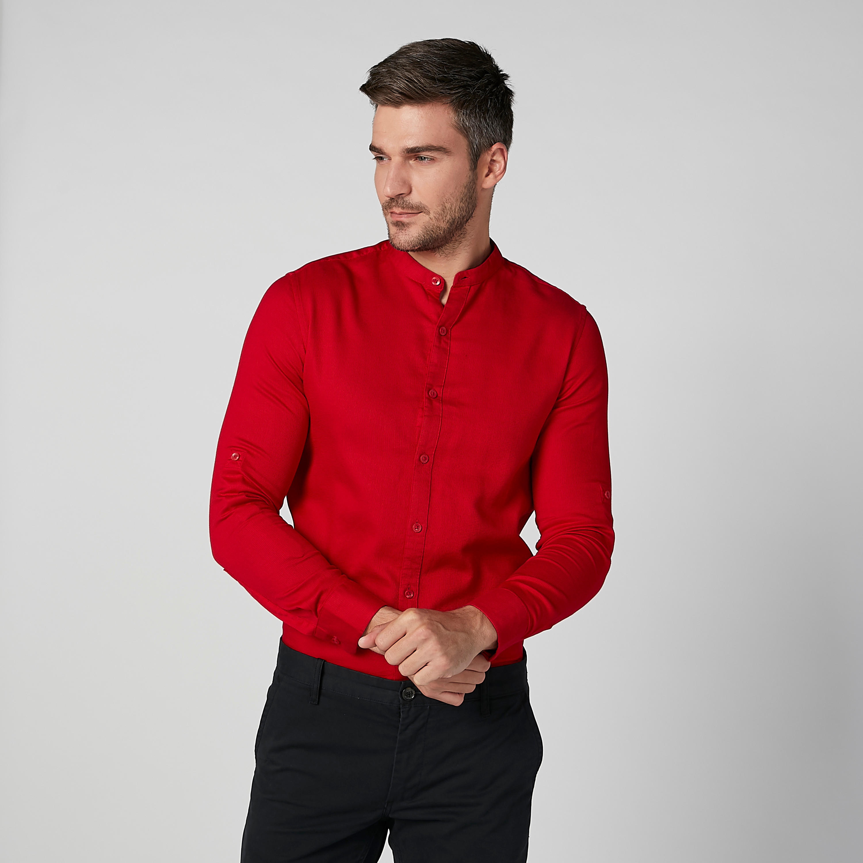 Plain Shirt with Mandarin Collar and Long Sleeves-men-clothing-shirts-image-3