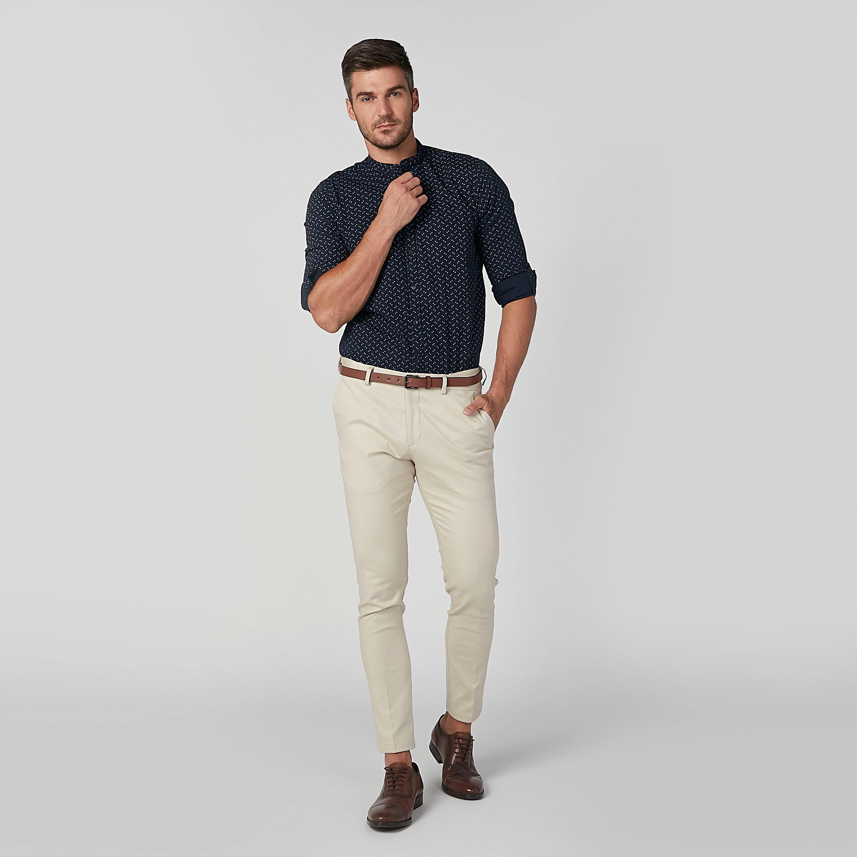 قميص مستدام سليم بياقة ماندارين وطبعات-men-clothing-shirts-image-1