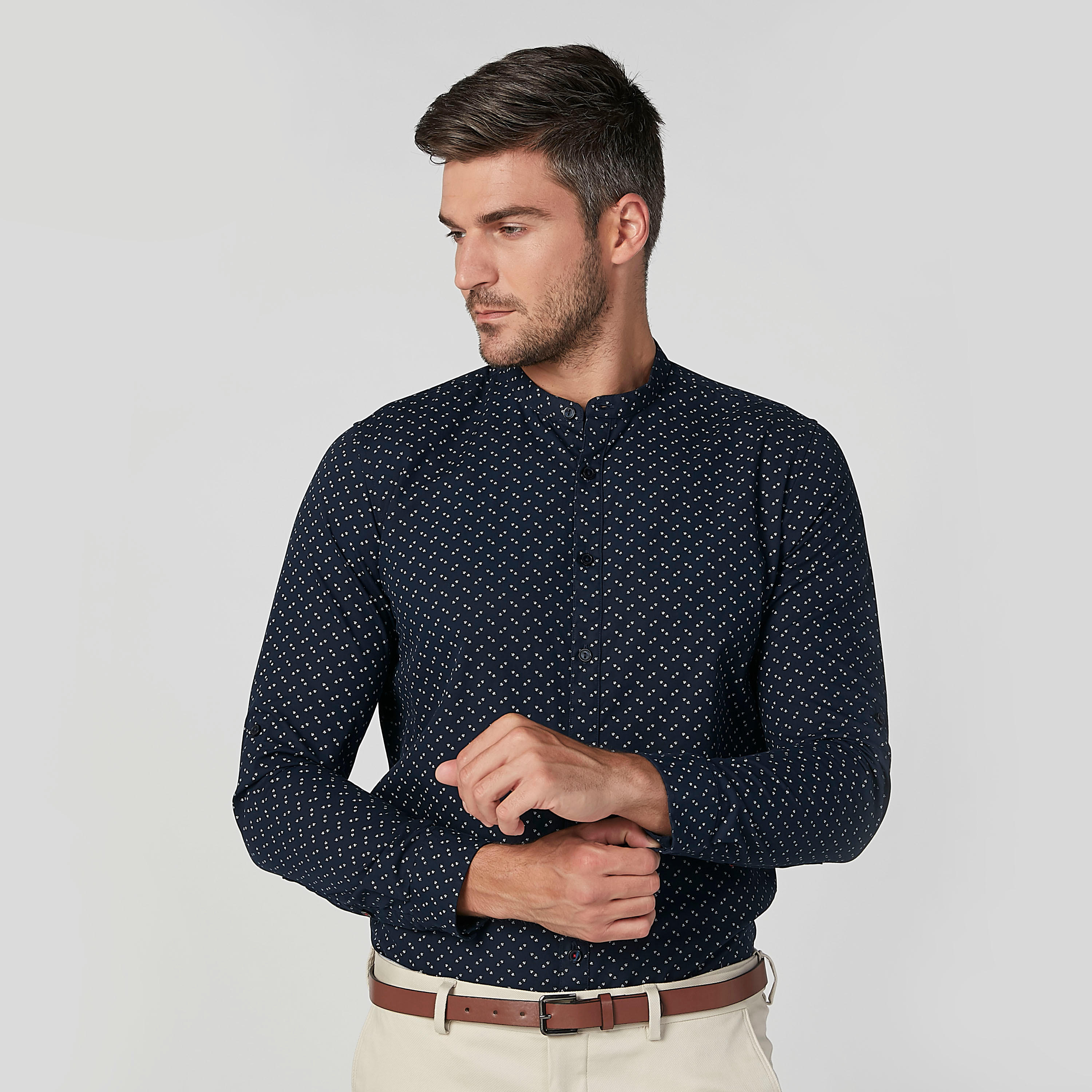 قميص مستدام سليم بياقة ماندارين وطبعات-men-clothing-shirts-image-2