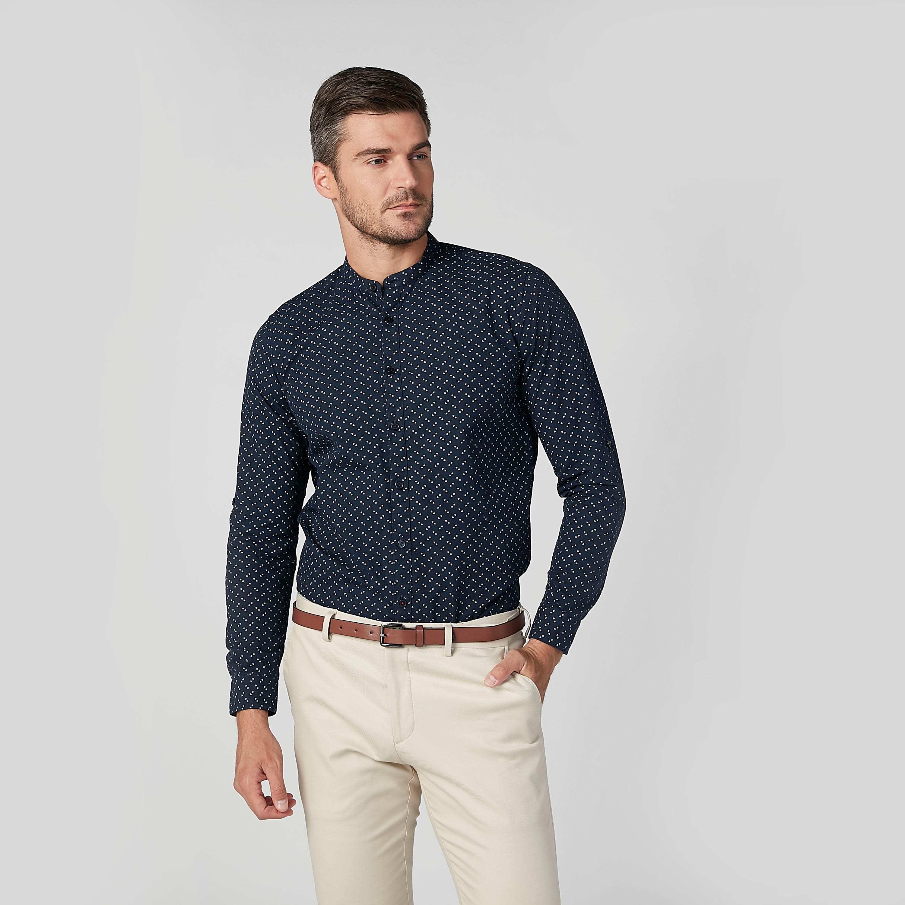 قميص مستدام سليم بياقة ماندارين وطبعات-men-clothing-shirts-image-3