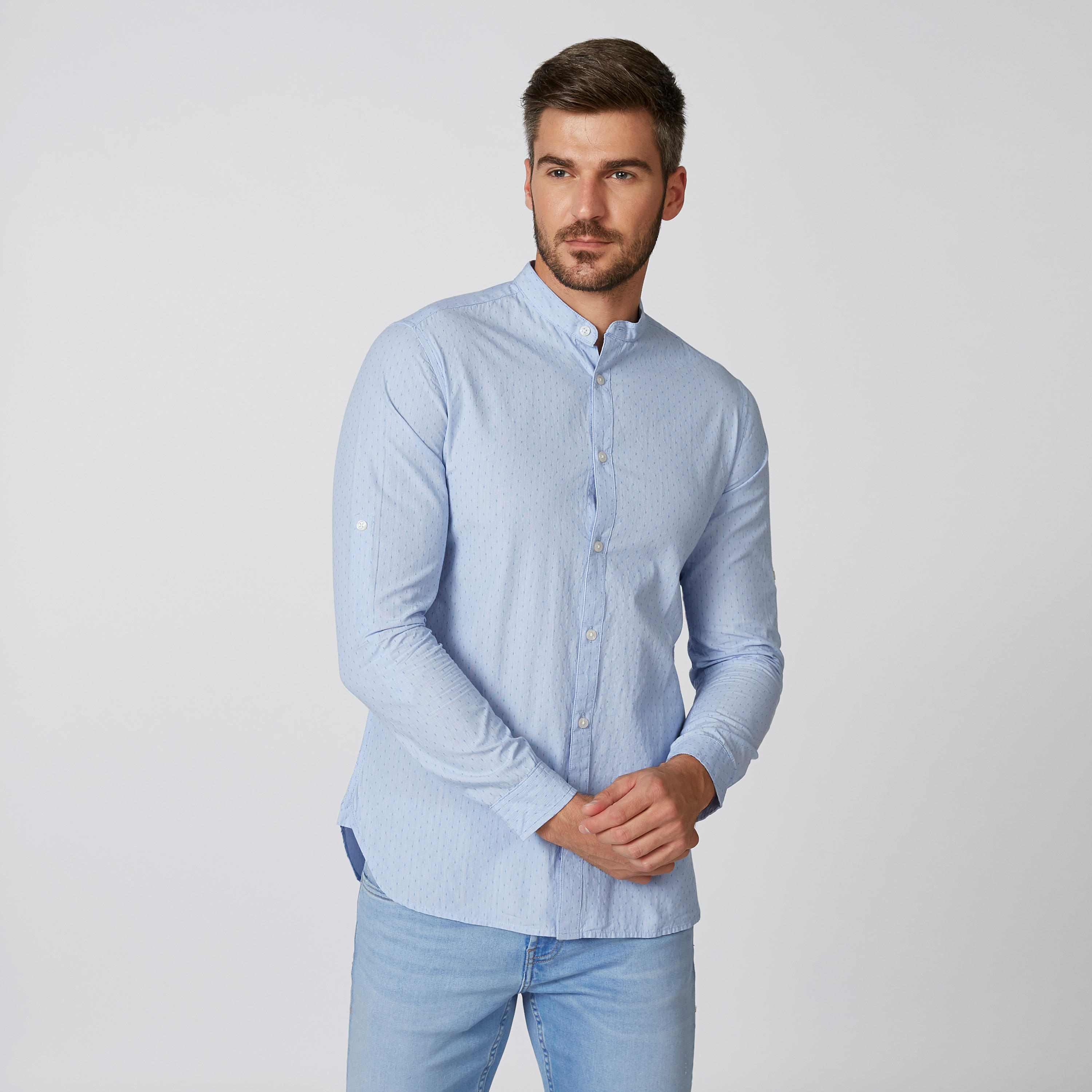 قميص بارز الملمس بياقة ماندارين وأكمام طويلة-men-clothing-shirts-image-5