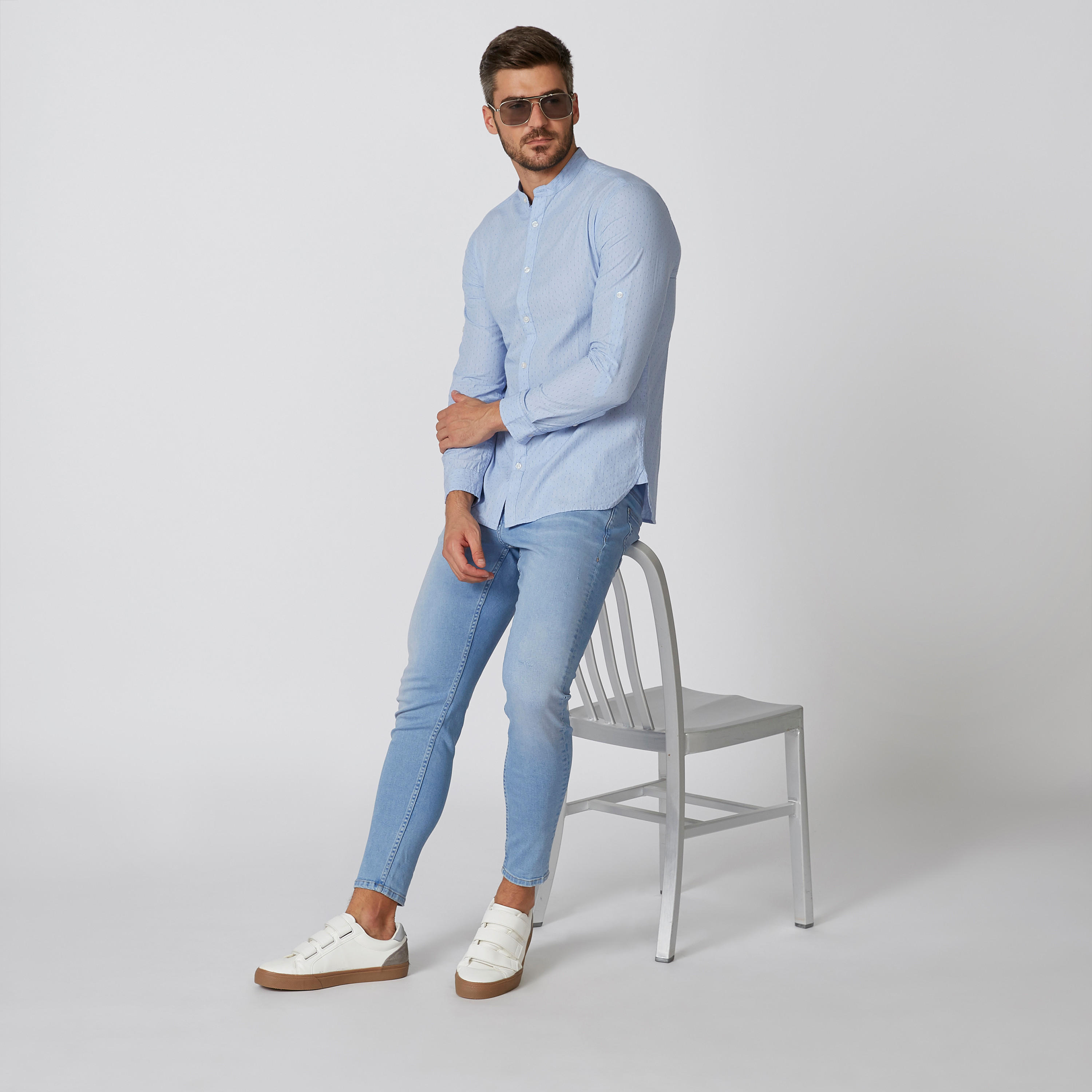 قميص بارز الملمس بياقة ماندارين وأكمام طويلة-men-clothing-shirts-image-4