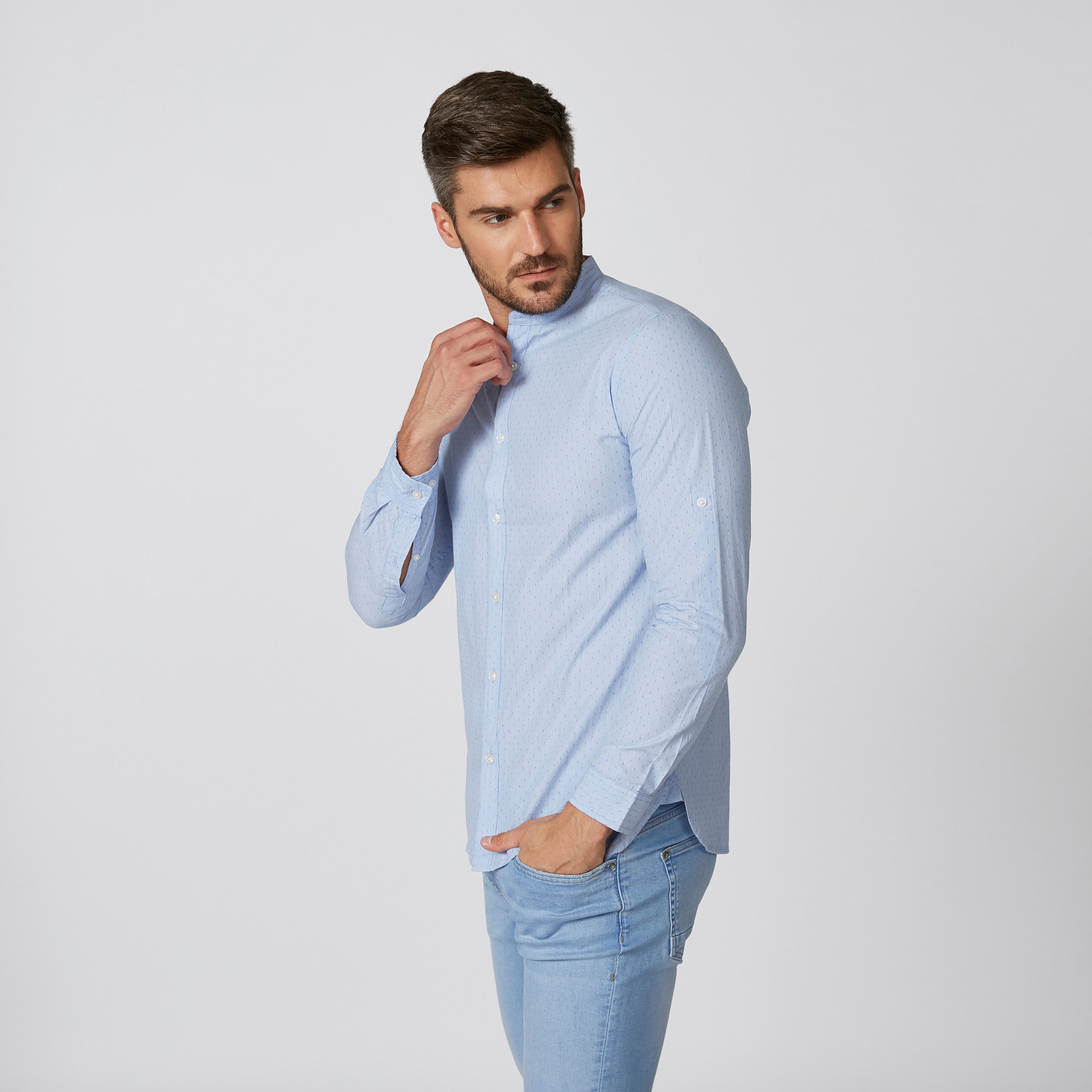قميص بارز الملمس بياقة ماندارين وأكمام طويلة-men-clothing-shirts-image-2