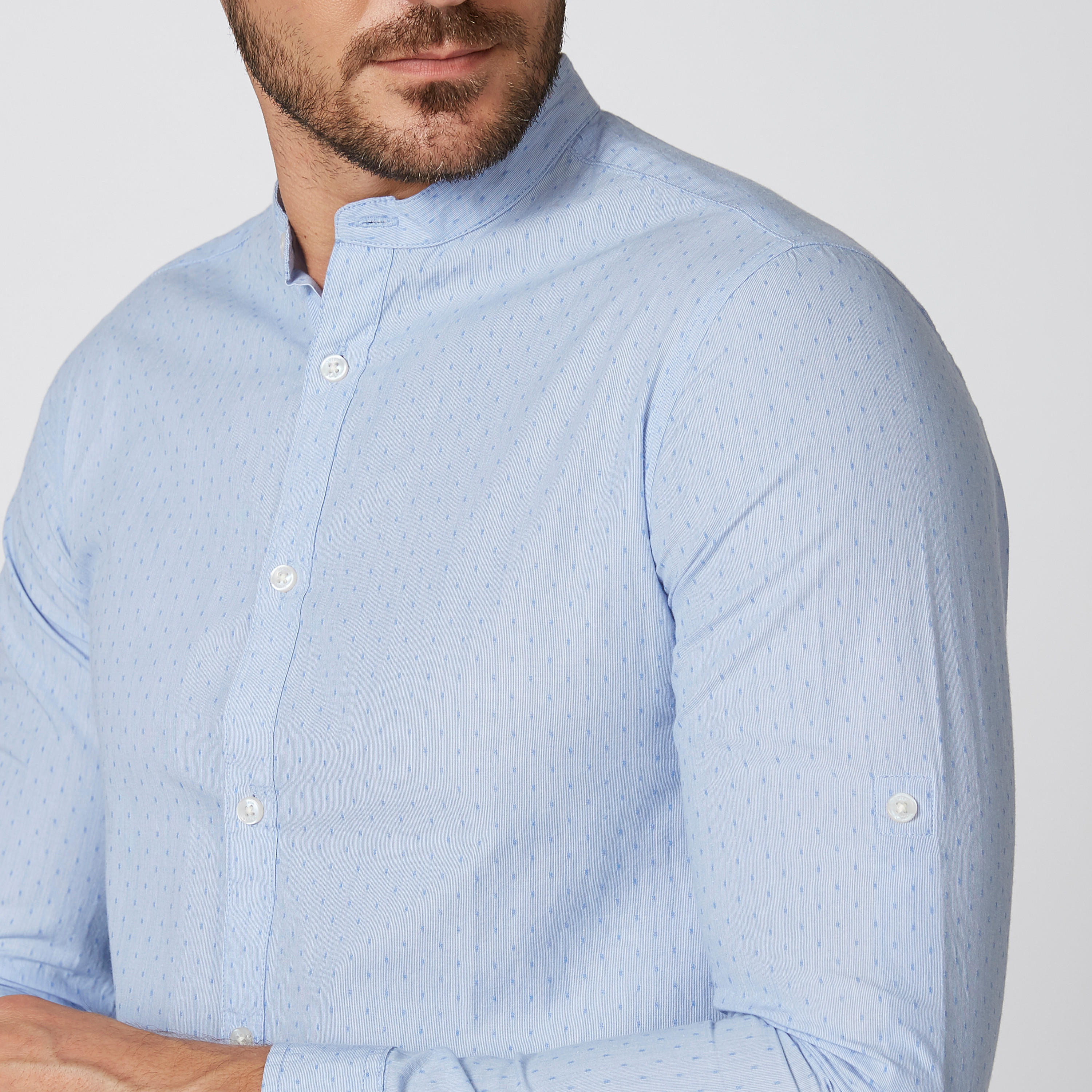 قميص بارز الملمس بياقة ماندارين وأكمام طويلة-men-clothing-shirts-image-1
