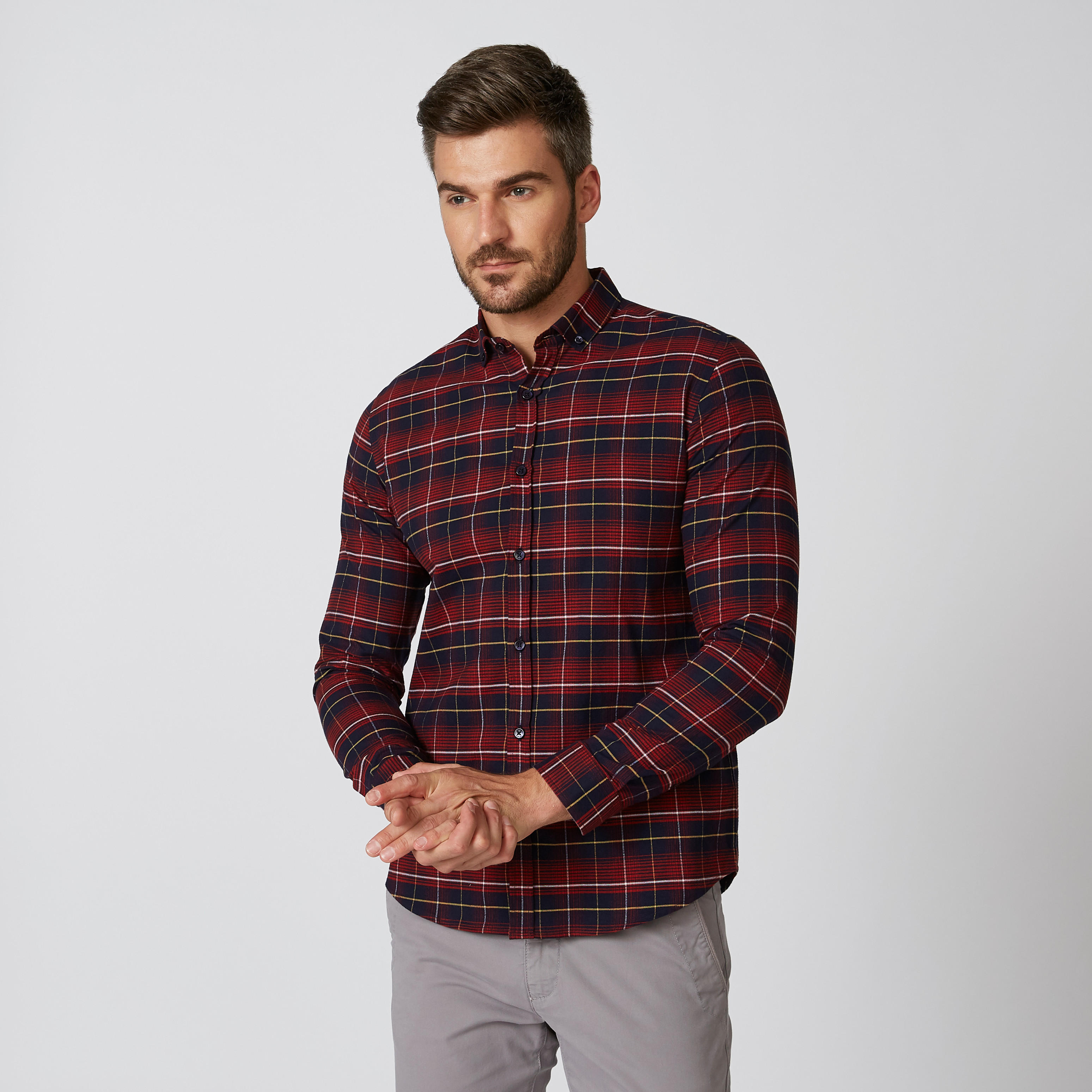 قميص مستدام كاروهات سليم بأكمام طويلة -men-clothing-shirts-image-1
