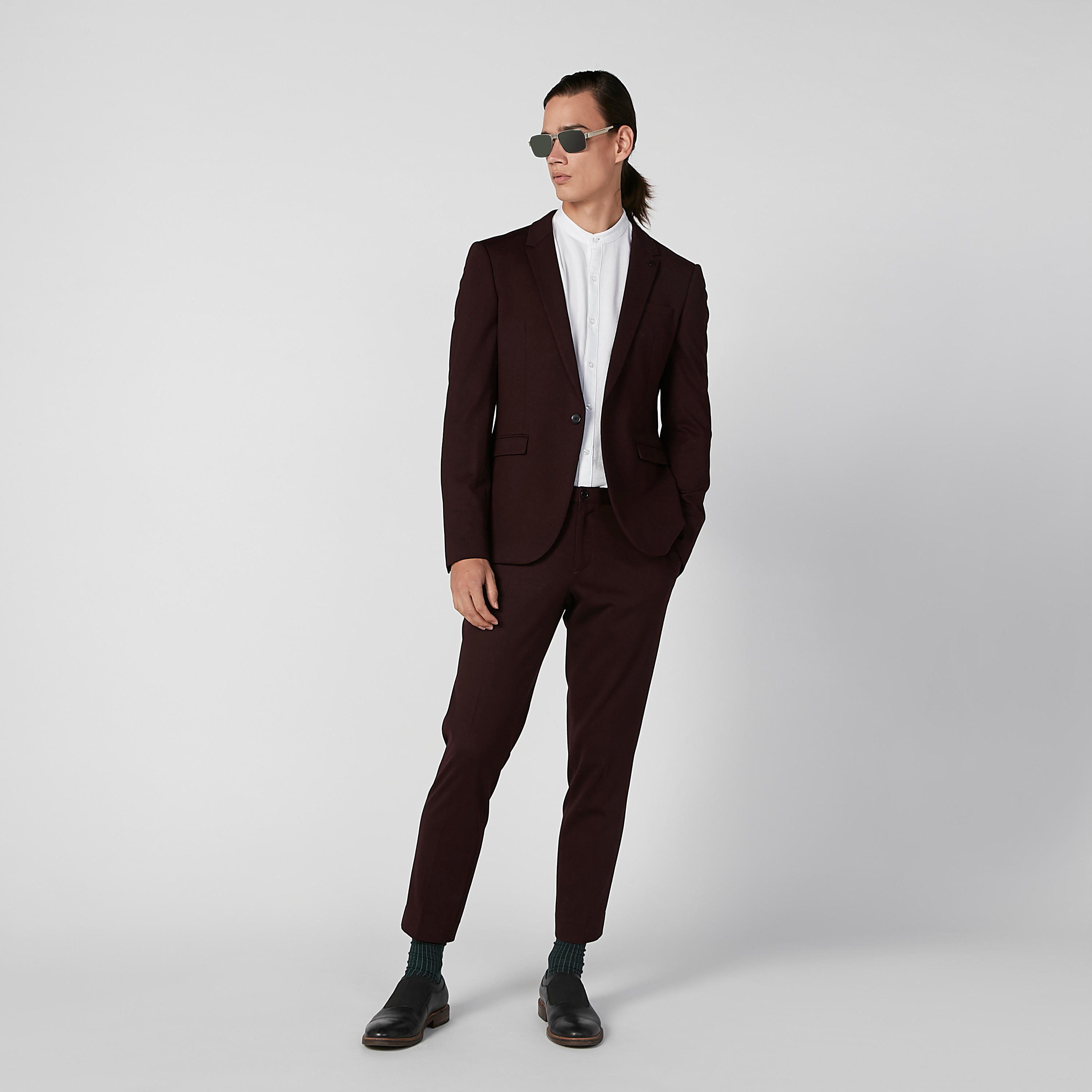 قميص سادة بياقة ماندارين وأكمام طويلة-men-clothing-shirts-image-2