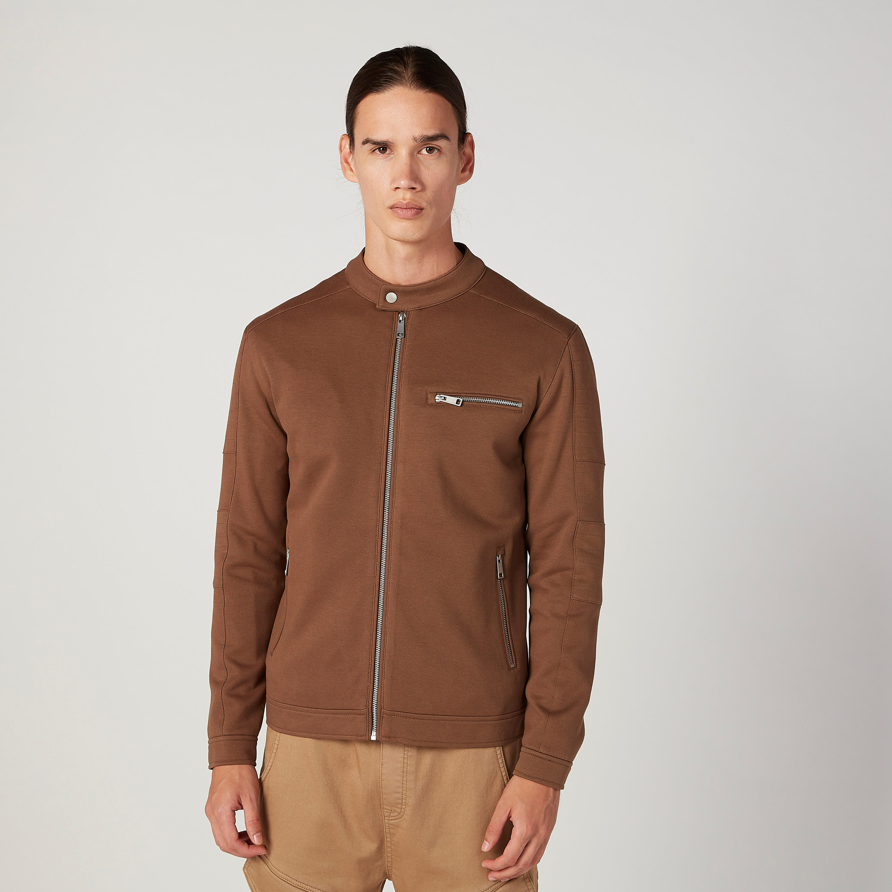 Textured Mandarin Collared Jacket with Front Zip Closure-men-clothing-jacketsandblazers-jackets-image-1