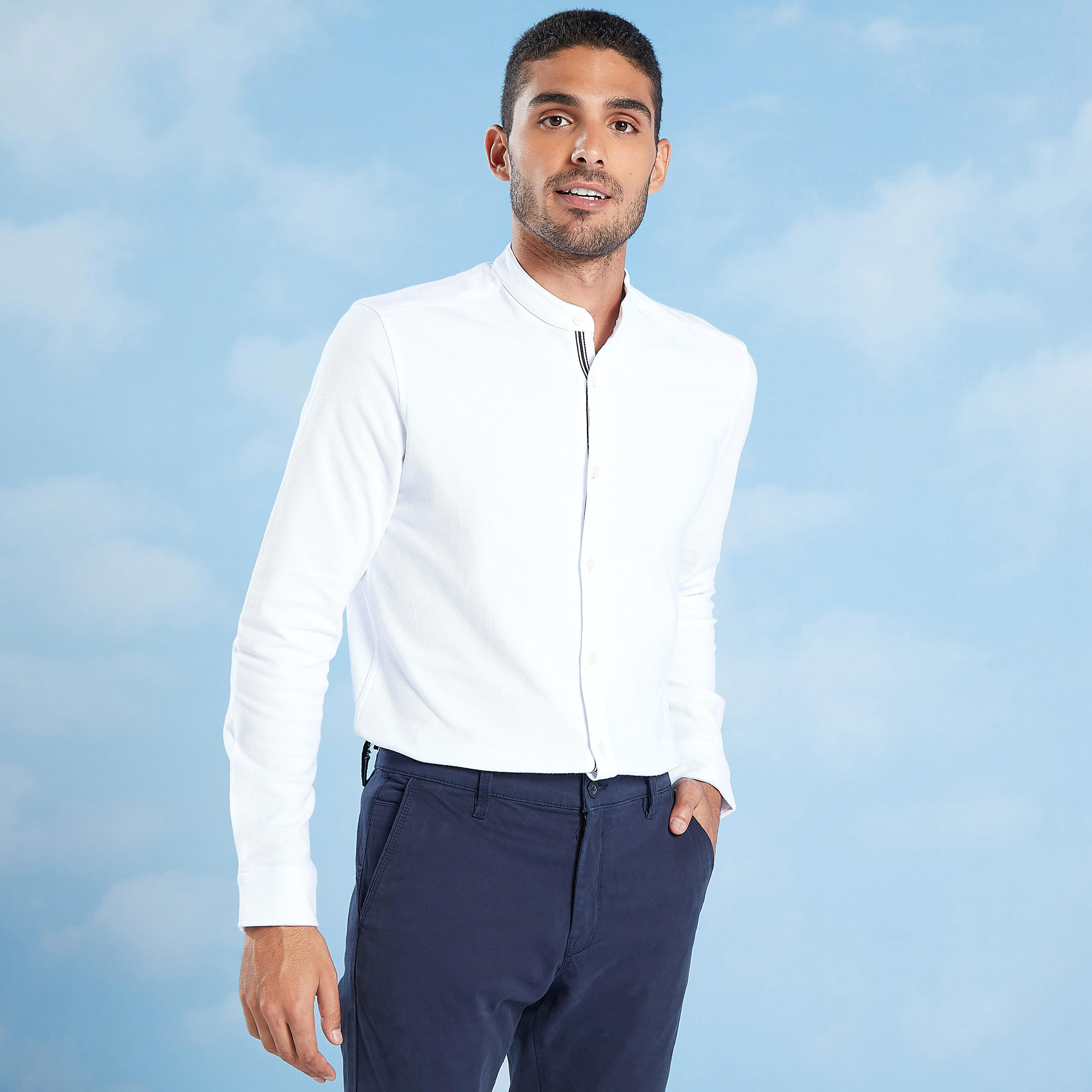 Plain Shirt with Mandarin Collar and Long Sleeves-men-clothing-shirts-image-1