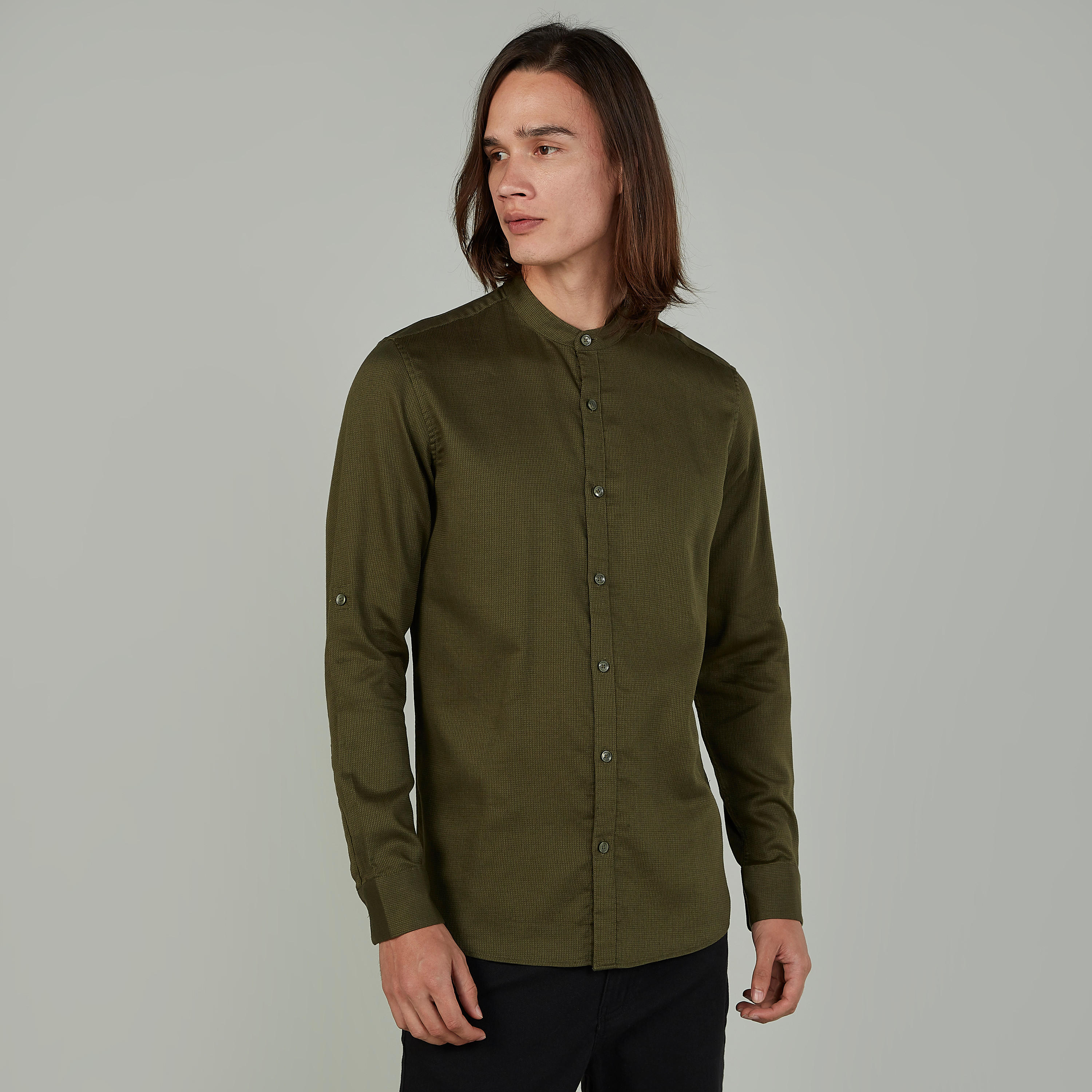 Textured Shirt with Mandarin Collar and Long Sleeves-men-clothing-shirts-image-1