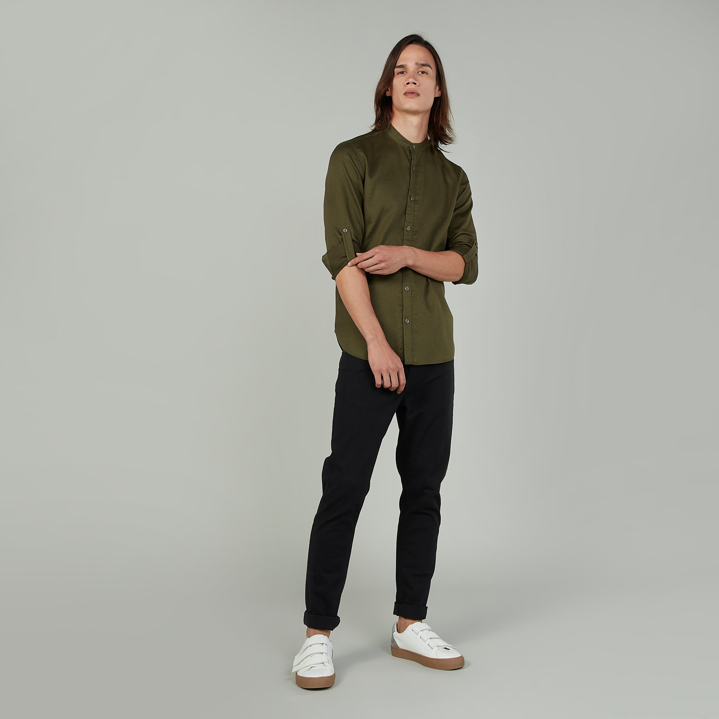 Textured Shirt with Mandarin Collar and Long Sleeves-men-clothing-shirts-image-2