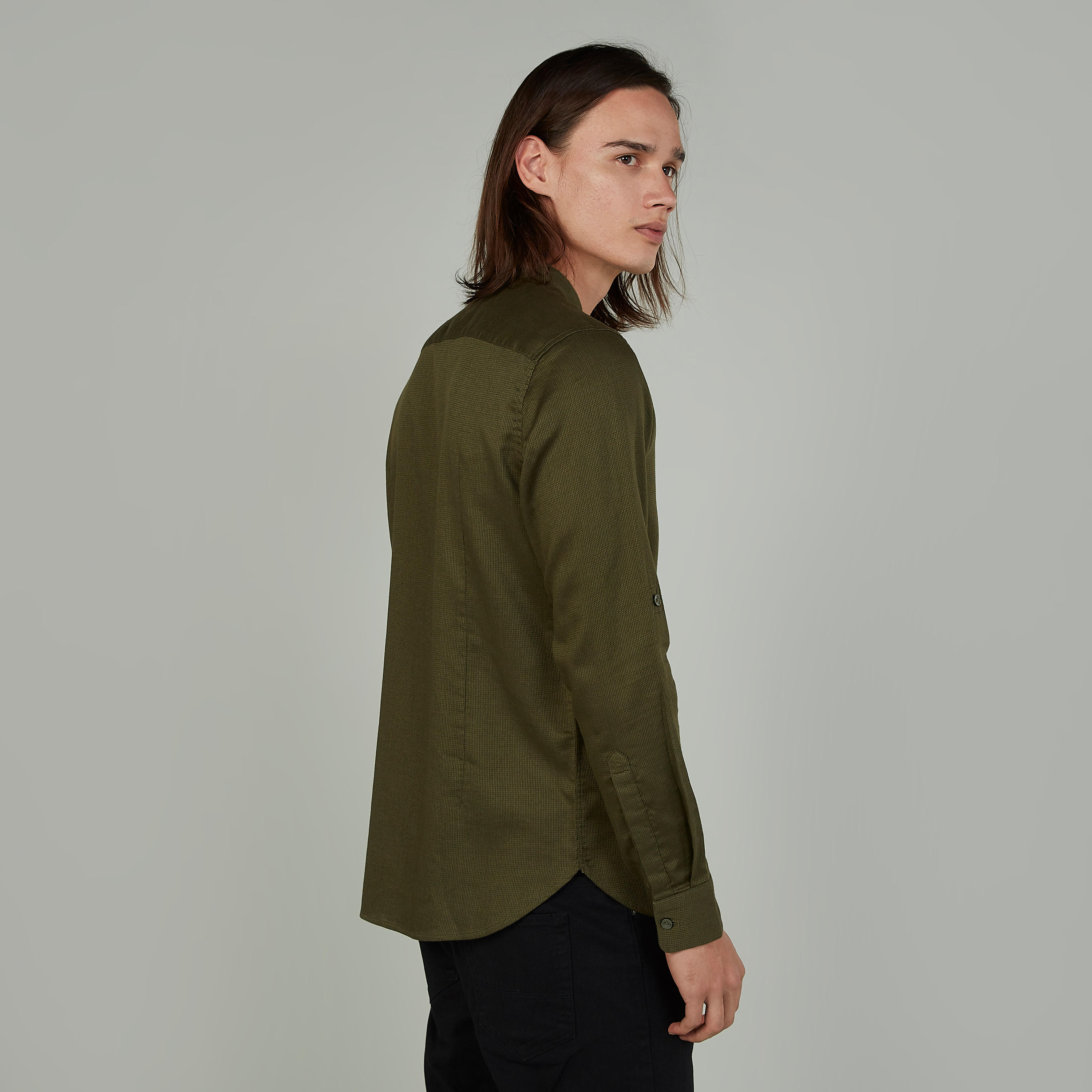 Textured Shirt with Mandarin Collar and Long Sleeves-men-clothing-shirts-image-4